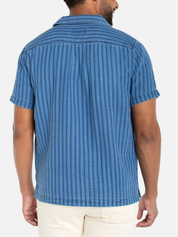 Liverpool Men's S/S Denim Stripe Button Up Camp Shirt Blue Indigo Summer Casual Style 2026 Athens GA Kempt Clothing Store