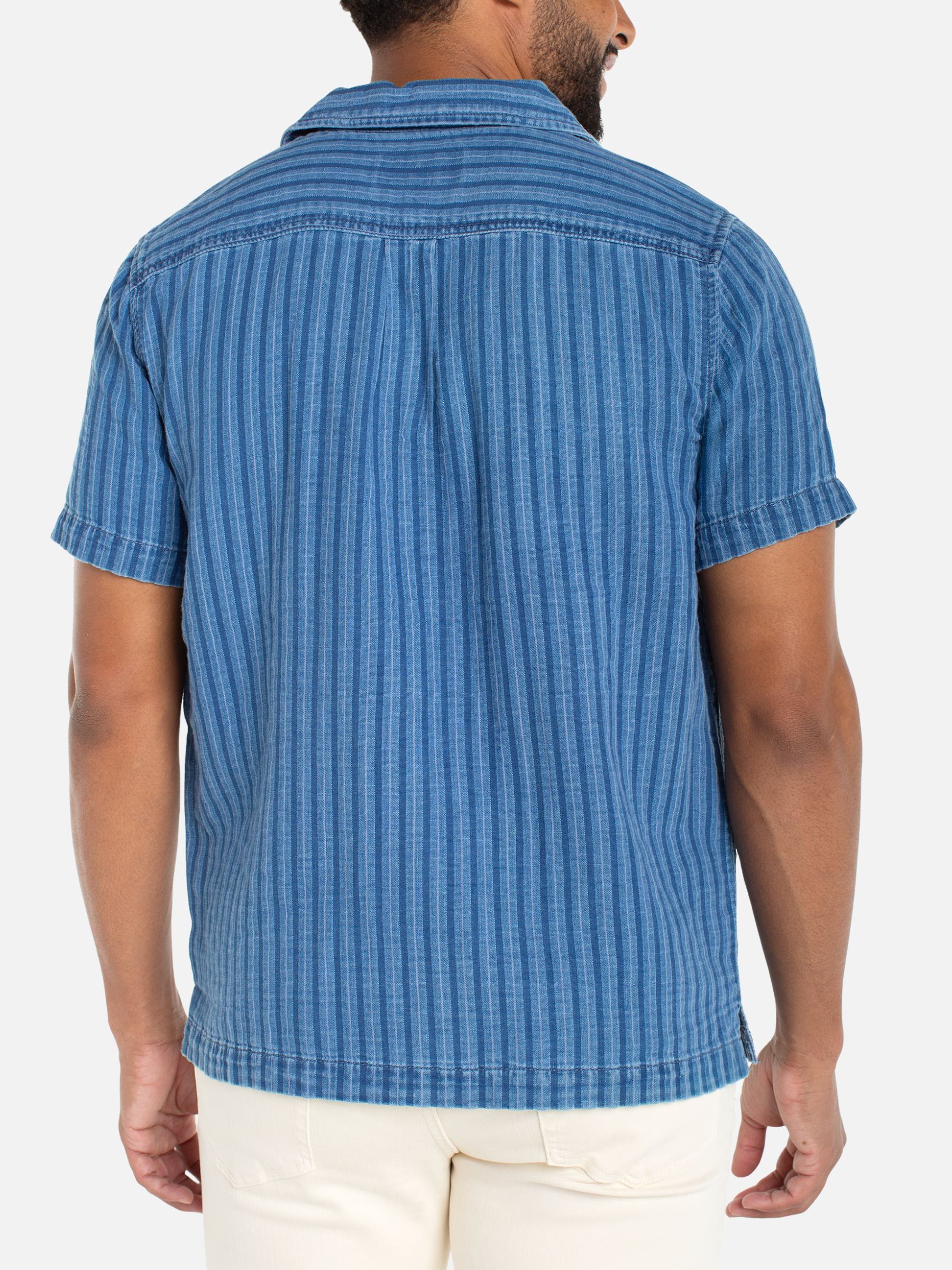 Liverpool Men's S/S Denim Stripe Button Up Camp Shirt Blue Indigo Summer Casual Style 2026 Athens GA Kempt Clothing Store