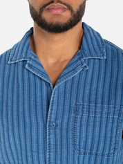 Liverpool Men's S/S Denim Stripe Button Up Camp Shirt Blue Indigo Summer Casual Style 2026 Athens GA Kempt Clothing Store