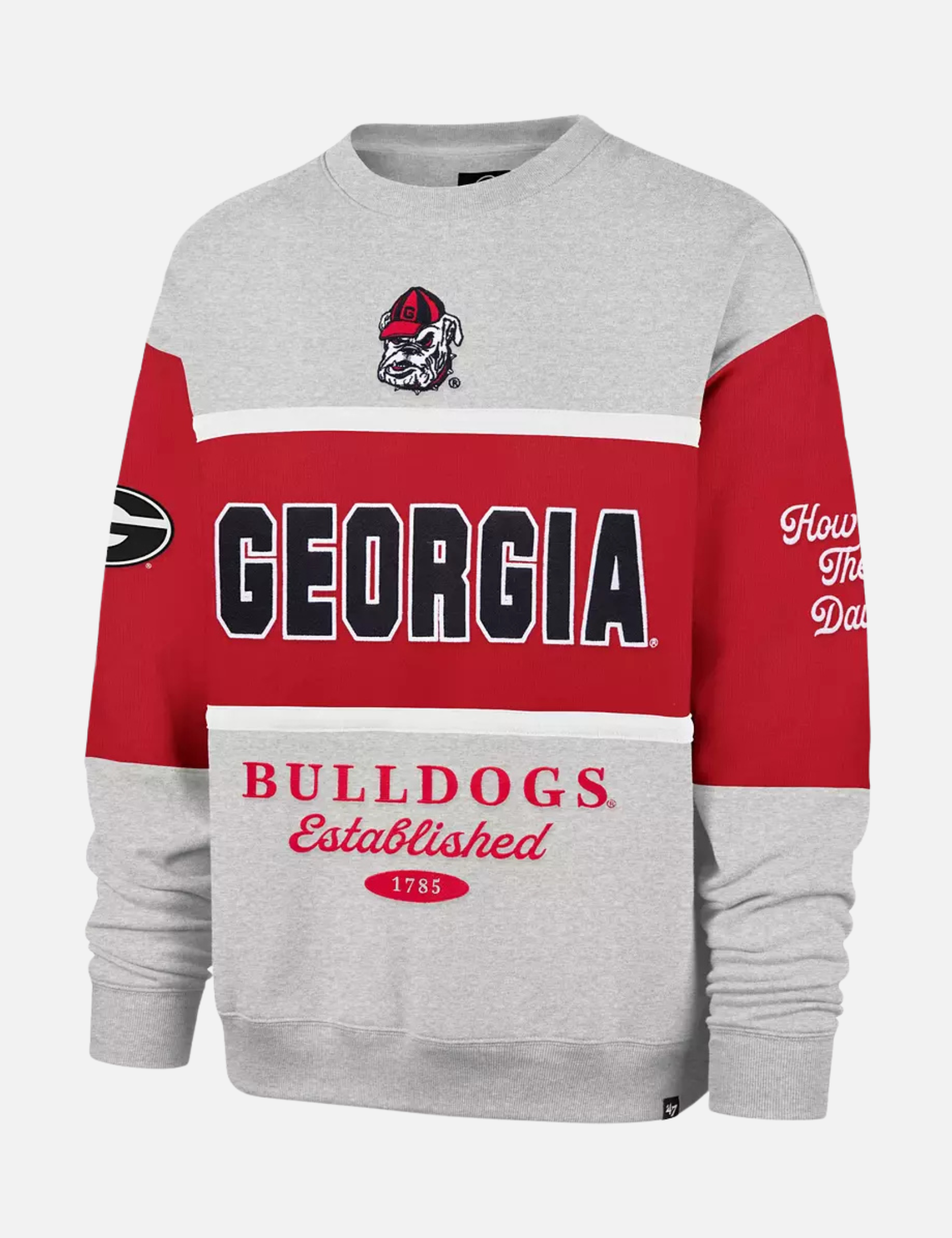 ‘47 Brand Georgia Bulldogs Blockfield Maximalist Crewneck Racer Red Gray Stripe UGA Dawgs Fans Football Sportswear - Front Flat