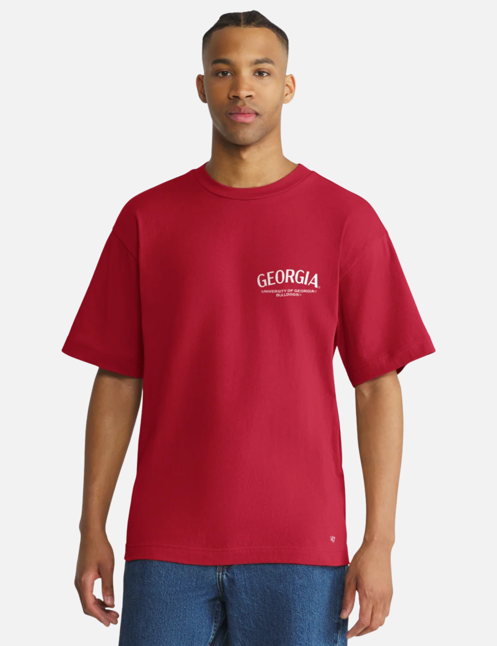 ‘47 Brand Georgia Bulldogs Constantine Foundation Tee T-Shirt  Racer Red Gray Stripe UGA Dawgs Fans Football Sportswear - Model Front