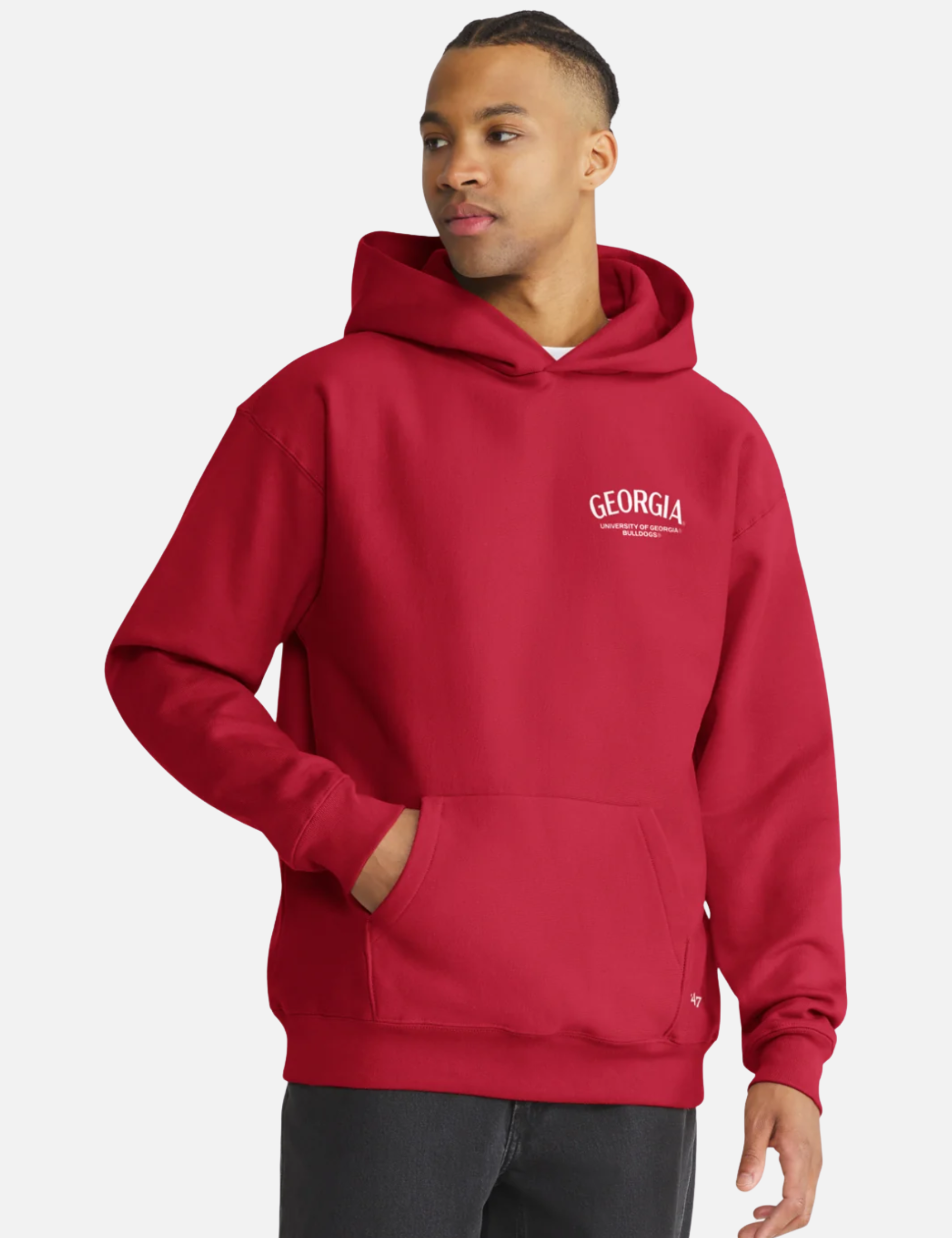 ‘47 Brand Georgia Bulldogs Constantine Hood Red Back Graphic Hoodie UGA Dawgs Long Sleeve Fan Gear - Model Front
