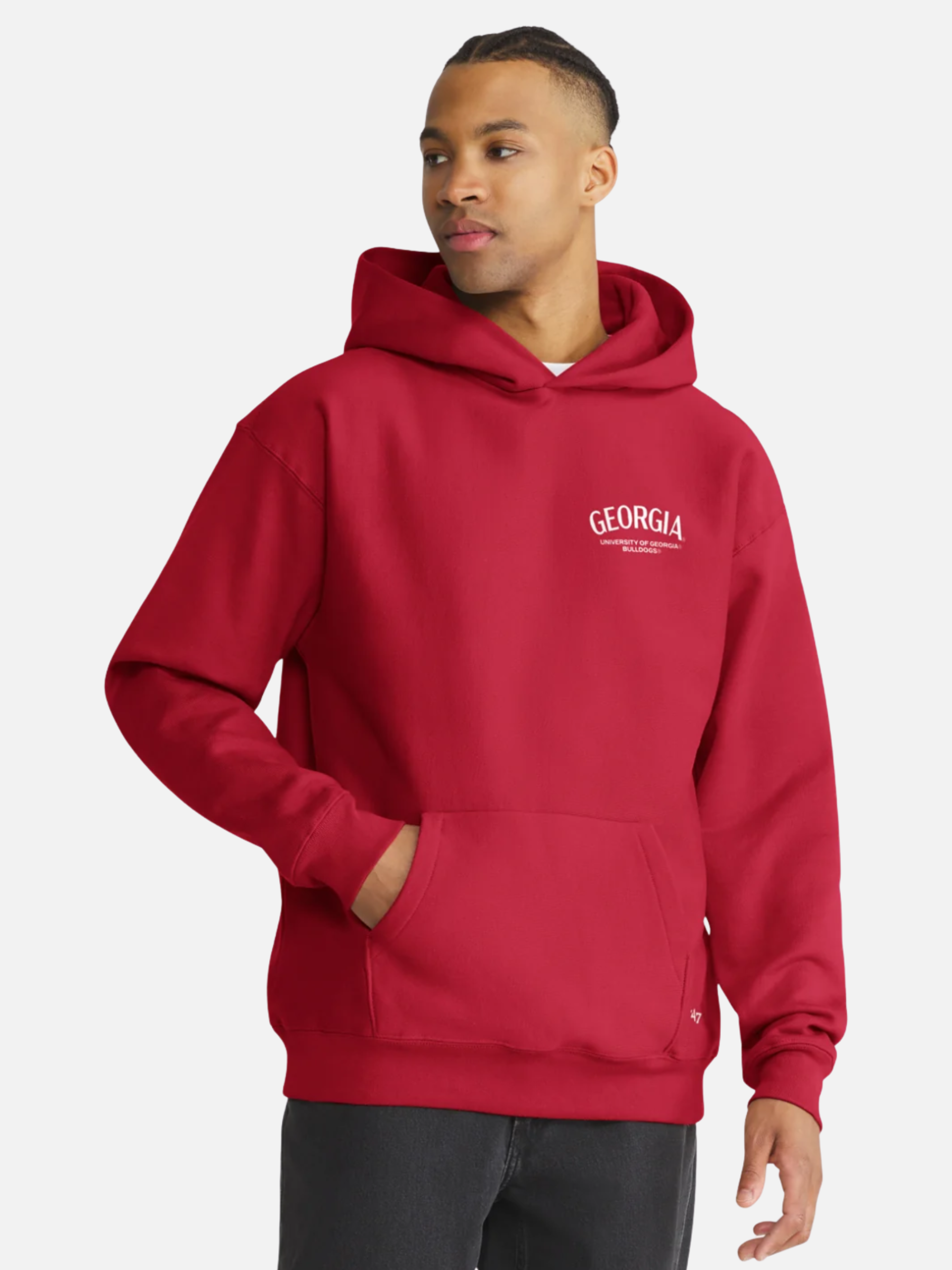‘47 Brand Georgia Bulldogs Constantine Hood Red Back Graphic Hoodie UGA Dawgs Long Sleeve Fan Gear - Model Front