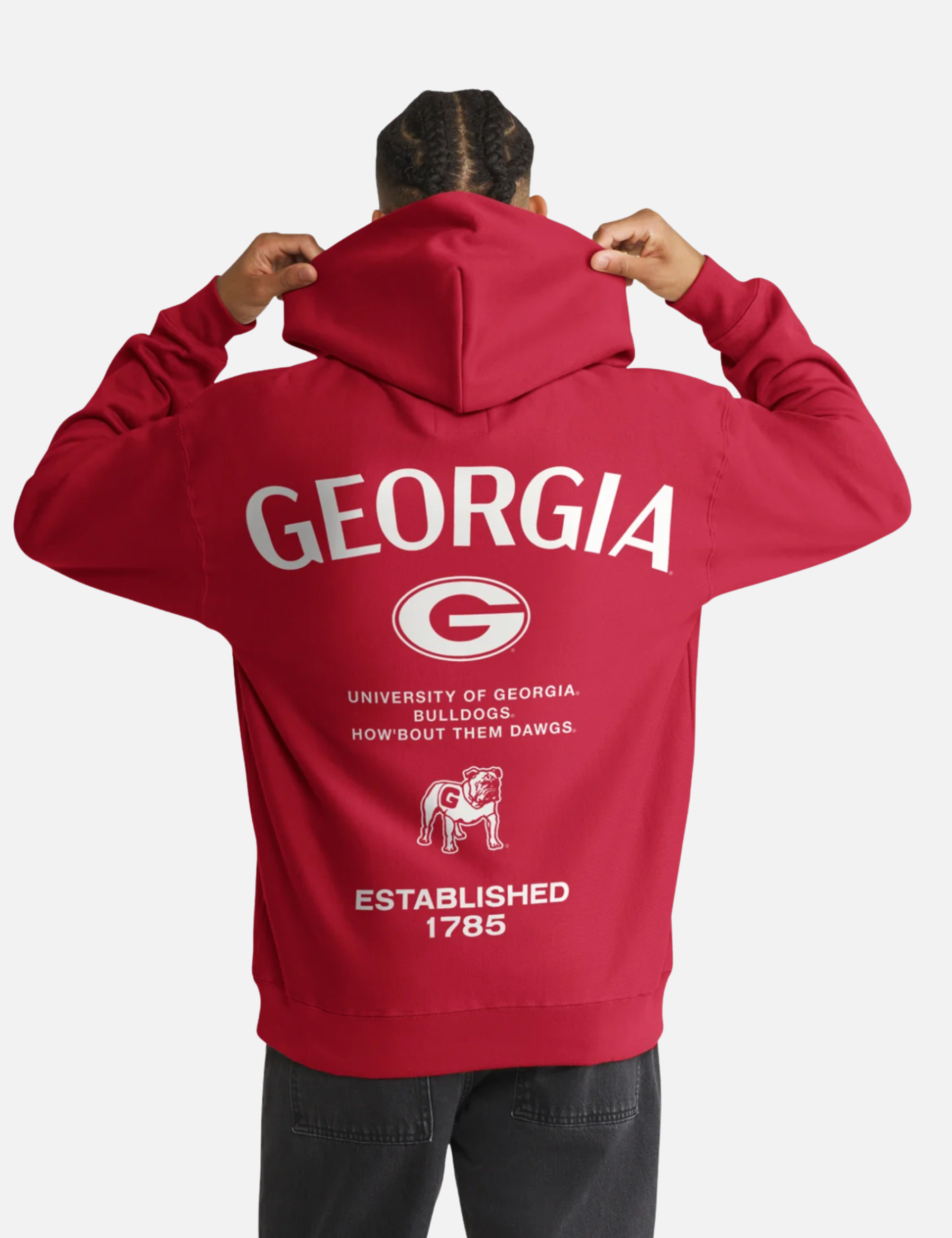 ‘47 Brand Georgia Bulldogs Constantine Hood Red Back Graphic Hoodie UGA Dawgs Long Sleeve Fan Gear - Model Back