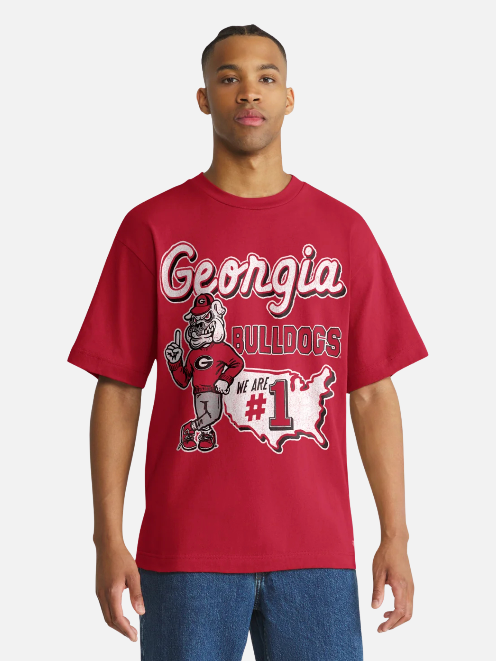 ‘47 Brand Georgia Bulldogs Mascot Mania Foundation Graphic Tee Red Short Sleeve Dawgs Fan UGA Sports Gear  - Model Front