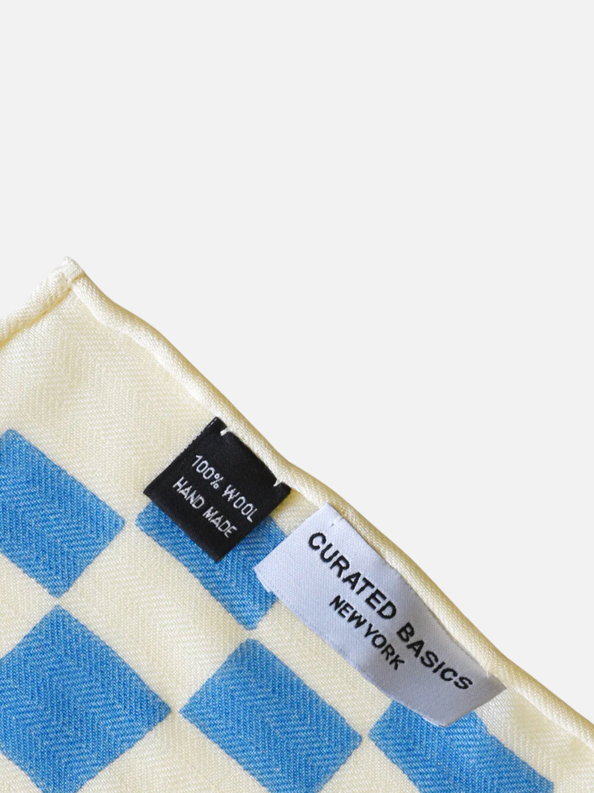 curated basics wool check pocket square blue white cream ivory handmade knit 100% wool rolled edges kempt athens ga georgia men's clothing store