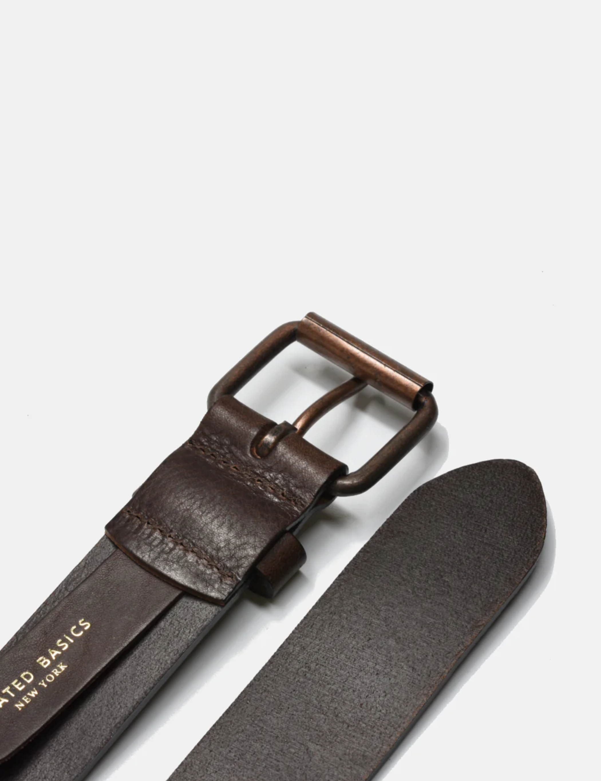 curated basics dark brown leather belt with copper buckle kempt athens ga georgia men's clothing store