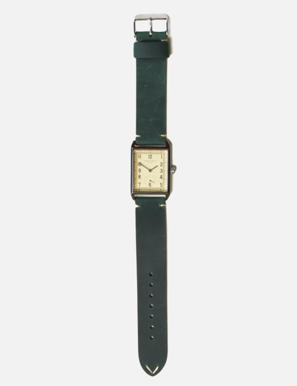 curated basics classic rectangular tank watch with japanese movement 20x40mm case dimensions tan leather green leather strap kempt athens ga georgia men's clothing store