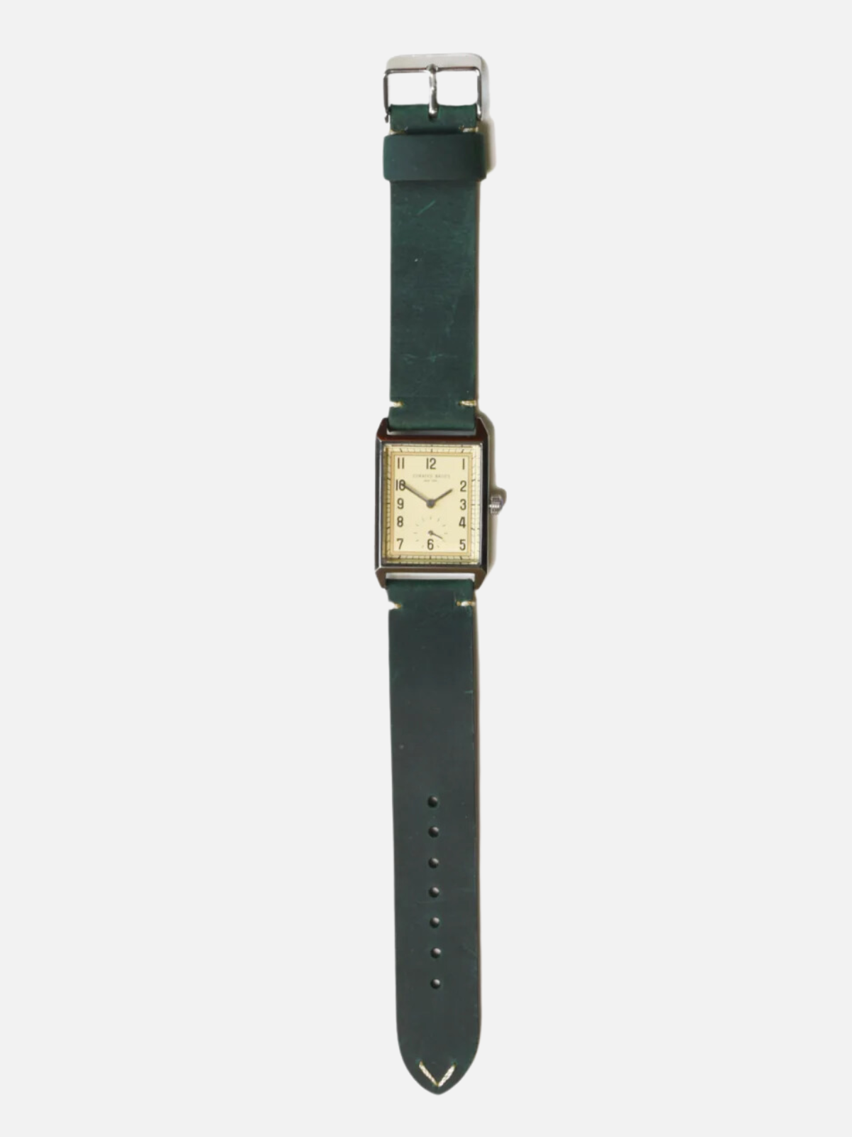 curated basics classic rectangular tank watch with japanese movement 20x40mm case dimensions tan leather green leather strap kempt athens ga georgia men's clothing store