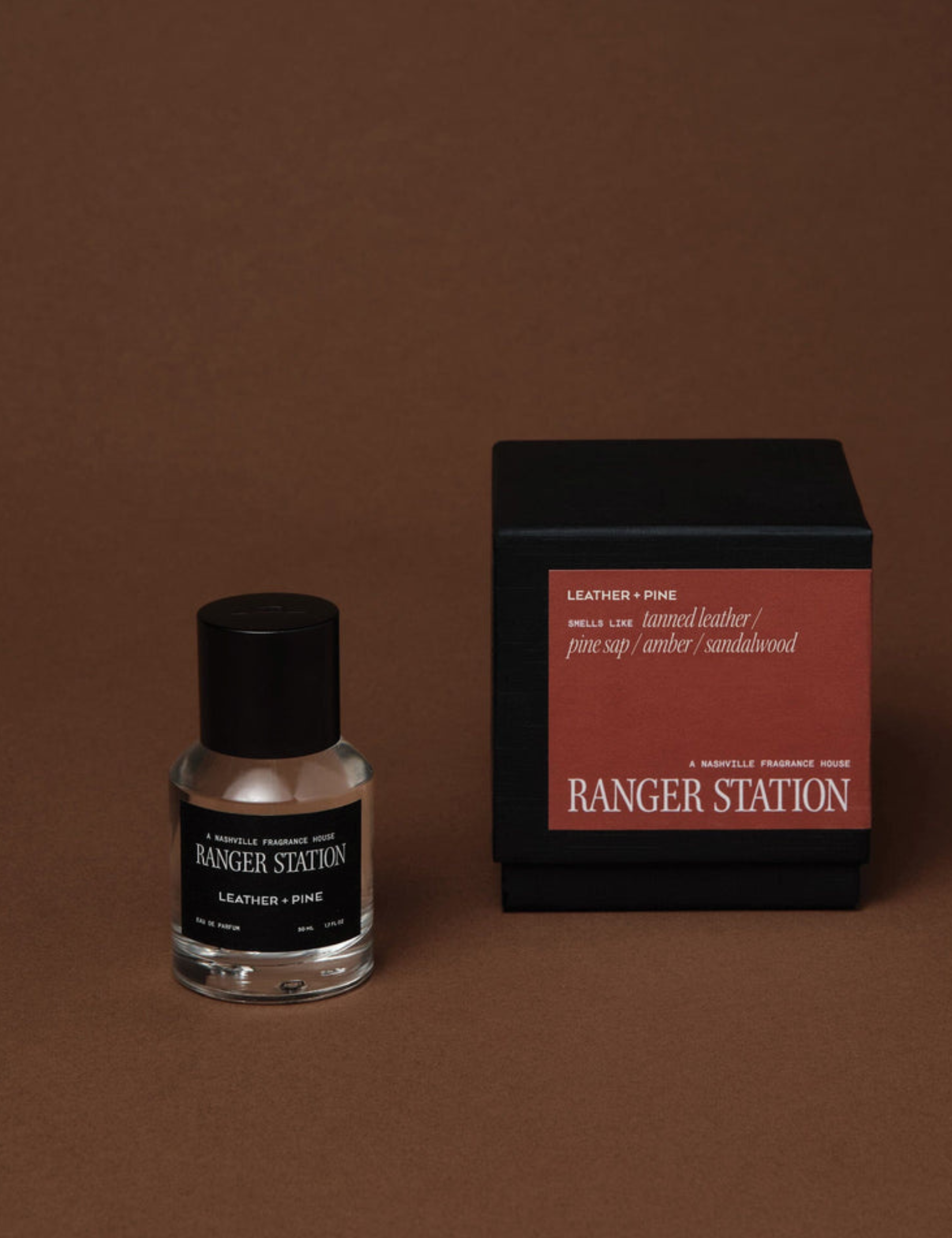 Ranger Station Eau de Parfum in Leather + Pine Scent 50mL bottle front view with box