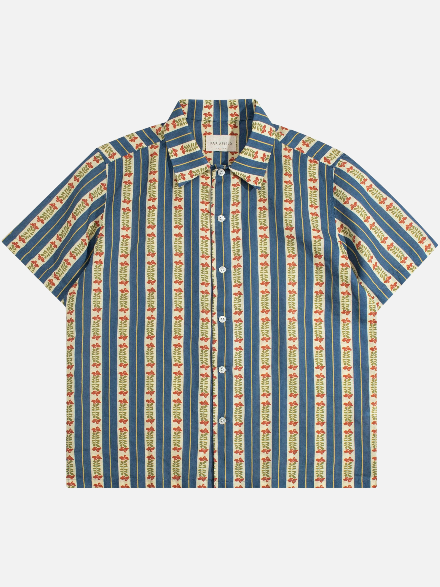 Far Afield Busey Short Sleeve Shirt Multi Floral Stripe Pattern Design Collared Button Up Men’s Casual Shirt Tops for Men Athens GA Georgia Kempt Menswear Store Near Me