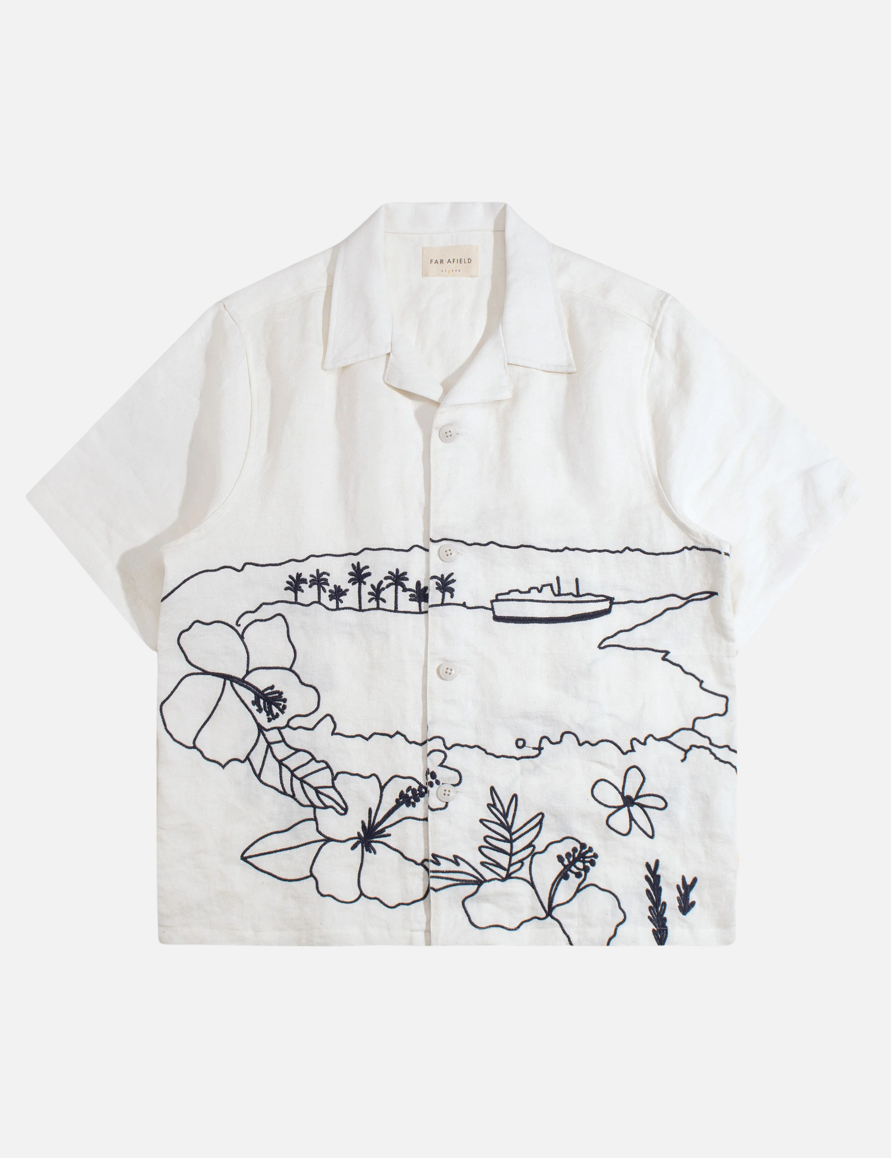 Far Afield Veloso Shirt Embroidered Landscape White Blue Embroidery Details Men’s Button Up Cropped Shirt Tops for Men Spring Summer Outfits for Guys Athens GA Georgia Kempt Menswear Store Near Me