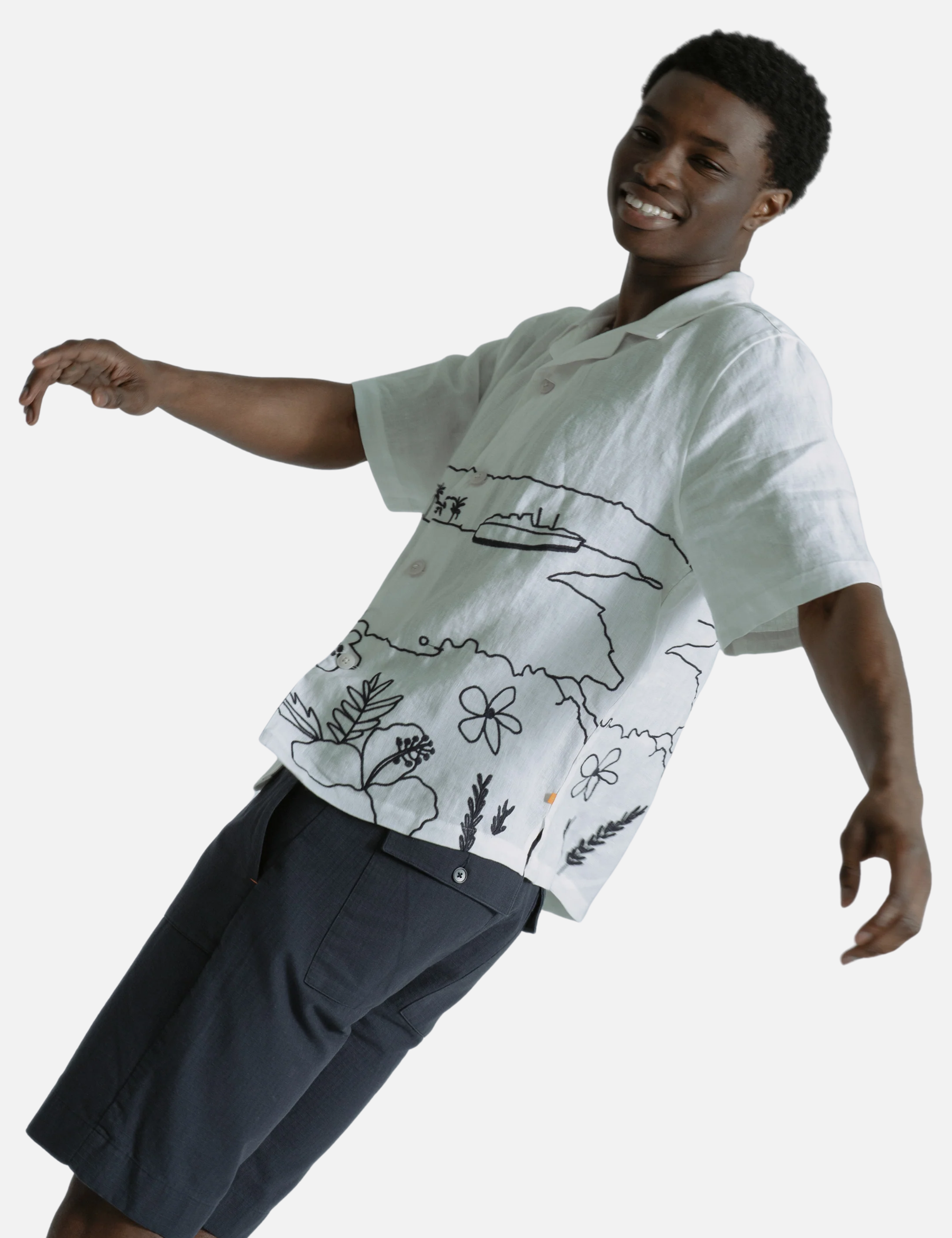 Far Afield Veloso Shirt Embroidered Landscape White Blue Embroidery Details Men’s Button Up Cropped Shirt Tops for Men Spring Summer Outfits for Guys Athens GA Georgia Kempt Menswear Store Near Me