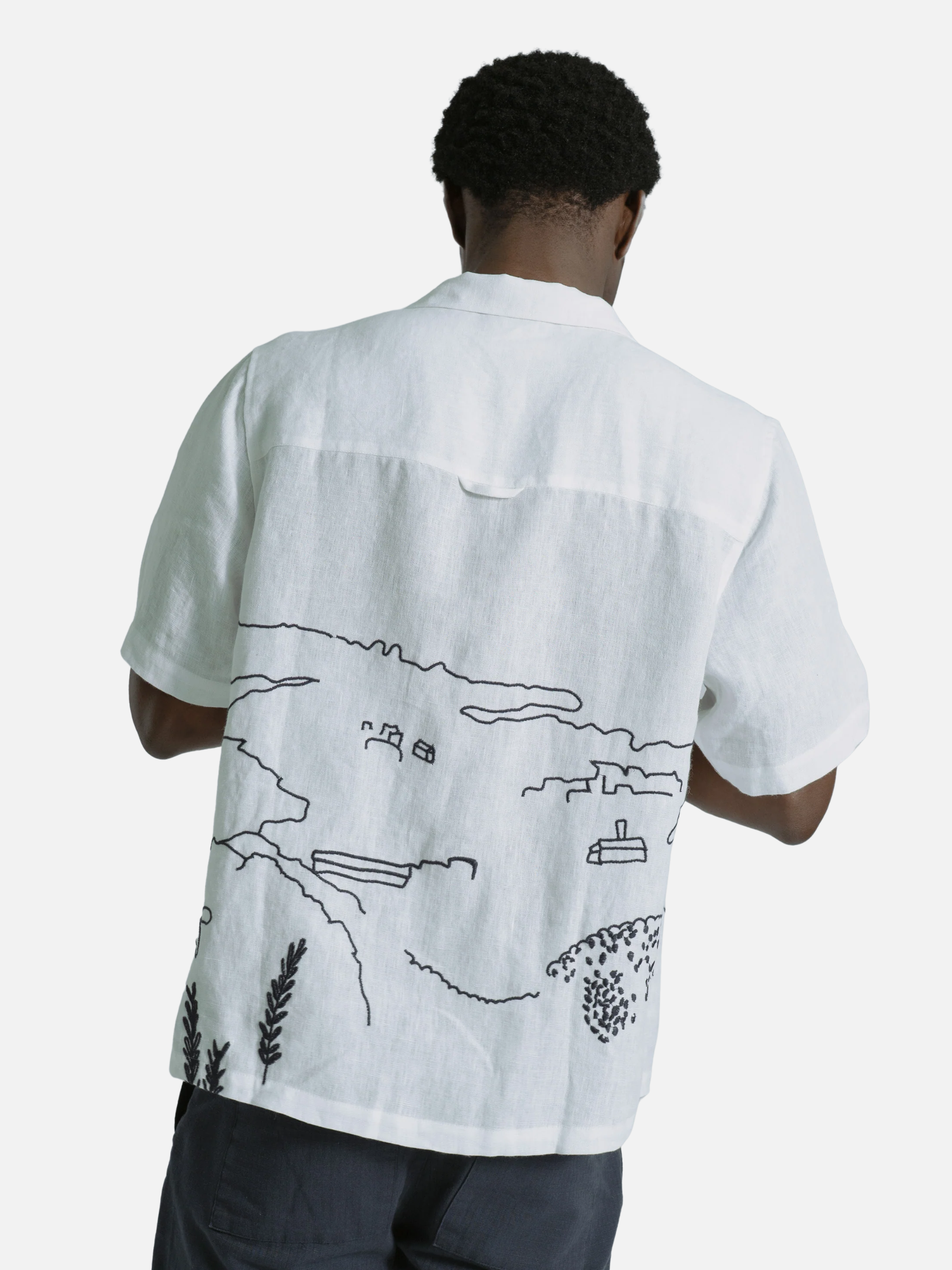 Far Afield Veloso Shirt Embroidered Landscape White Blue Embroidery Details Men’s Button Up Cropped Shirt Tops for Men Spring Summer Outfits for Guys Athens GA Georgia Kempt Menswear Store Near Me