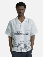Far Afield Veloso Shirt Embroidered Landscape White Blue Embroidery Details Men’s Button Up Cropped Shirt Tops for Men Spring Summer Outfits for Guys Athens GA Georgia Kempt Menswear Store Near Me