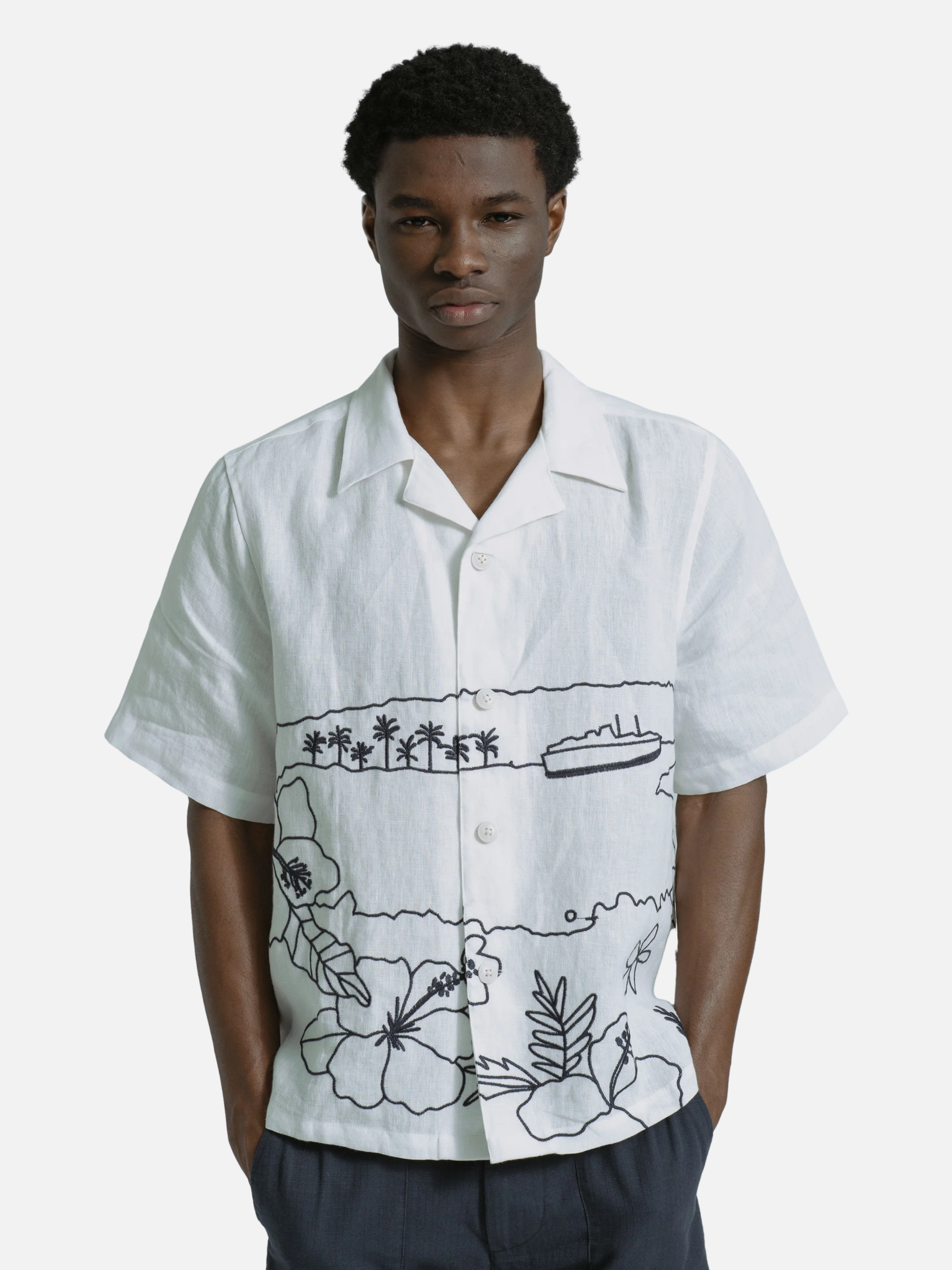 Far Afield Veloso Shirt Embroidered Landscape White Blue Embroidery Details Men’s Button Up Cropped Shirt Tops for Men Spring Summer Outfits for Guys Athens GA Georgia Kempt Menswear Store Near Me