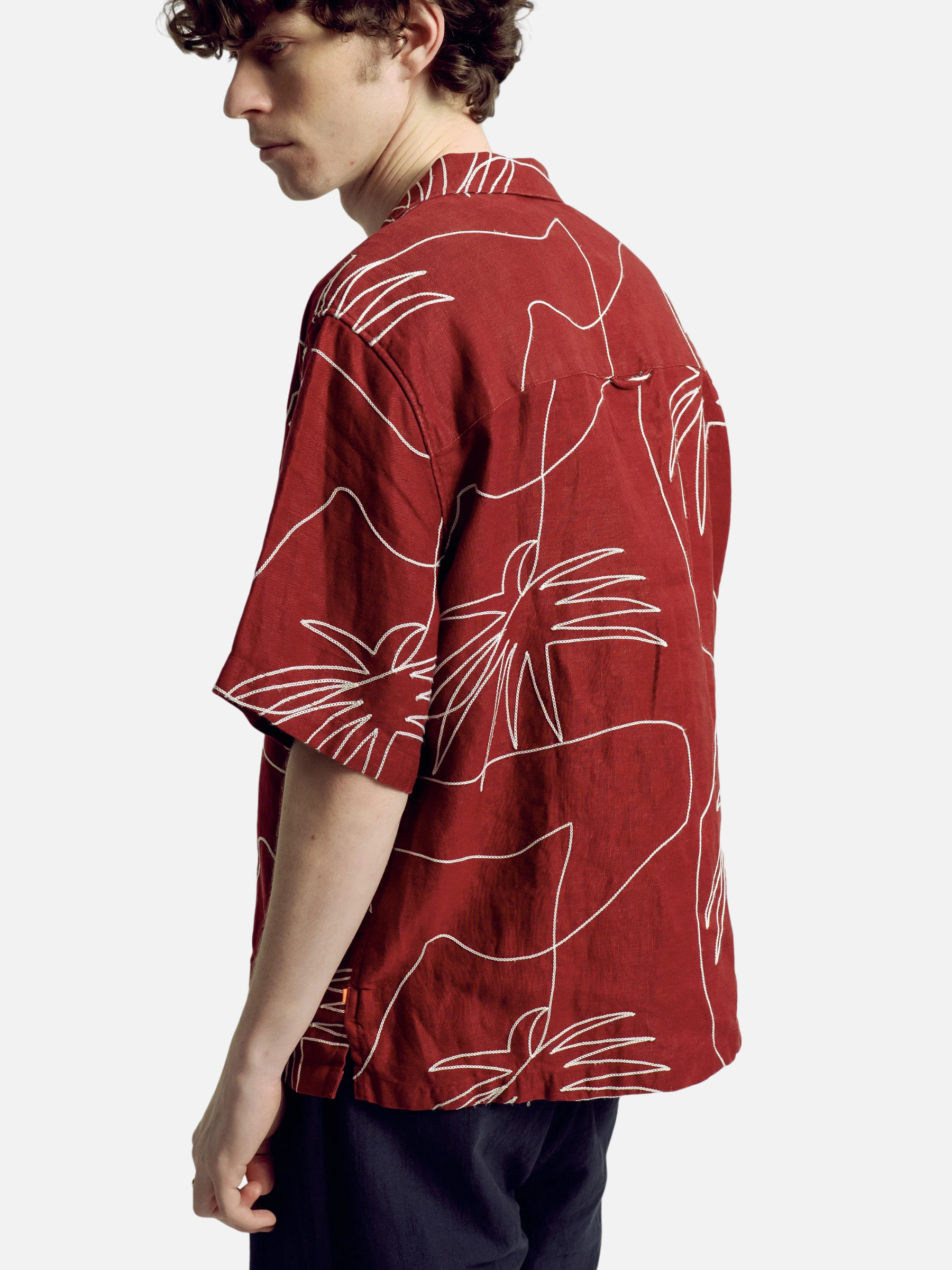 Far Afield Veloso Shirt Embroidered Palms Red Embroidery Details Men’s Button Up Cropped Shirt Tops for Men Spring Summer Outfits for Guys Athens GA Georgia Kempt Menswear Store Near Me
