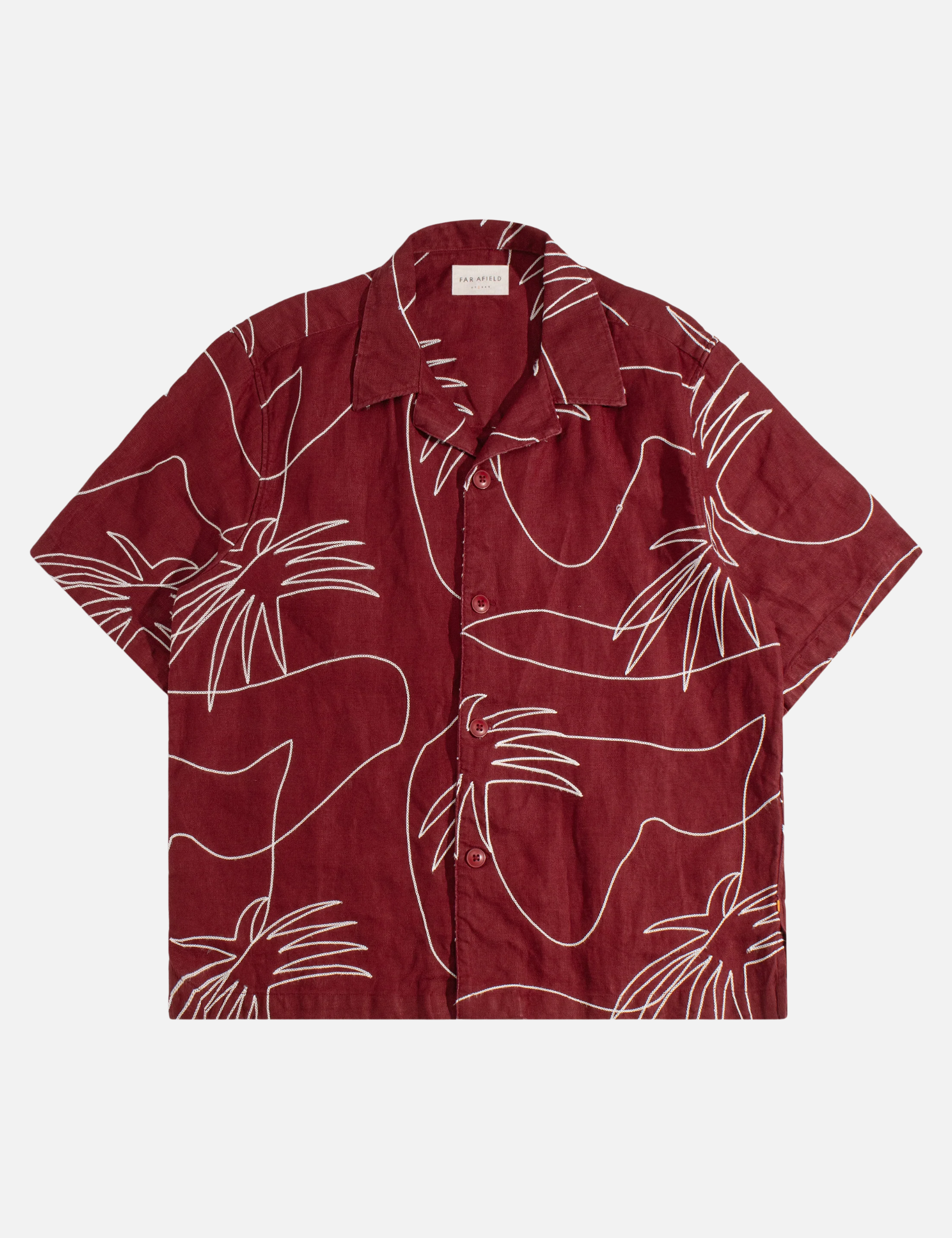 Far Afield Veloso Shirt Embroidered Palms Red Embroidery Details Men’s Button Up Cropped Shirt Tops for Men Spring Summer Outfits for Guys Athens GA Georgia Kempt Menswear Store Near Me