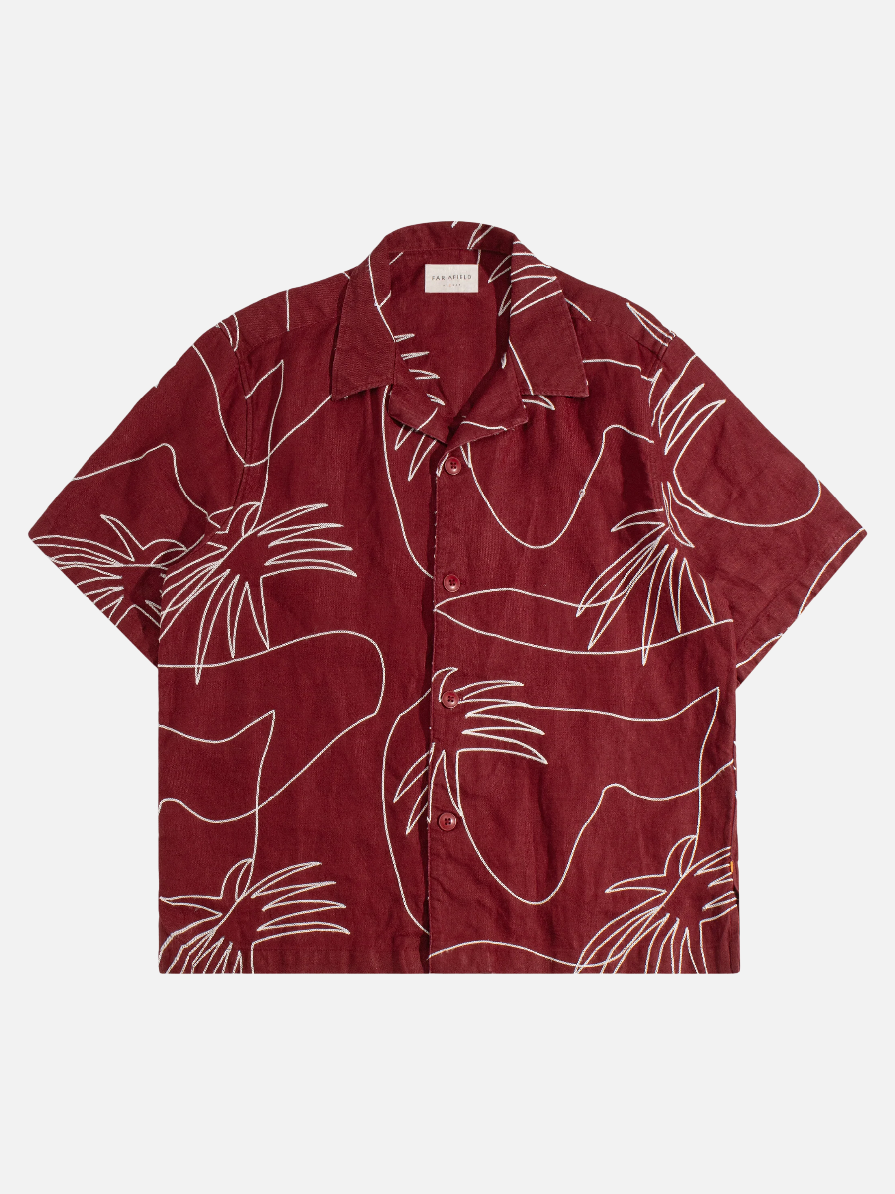 Far Afield Veloso Shirt Embroidered Palms Red Embroidery Details Men’s Button Up Cropped Shirt Tops for Men Spring Summer Outfits for Guys Athens GA Georgia Kempt Menswear Store Near Me