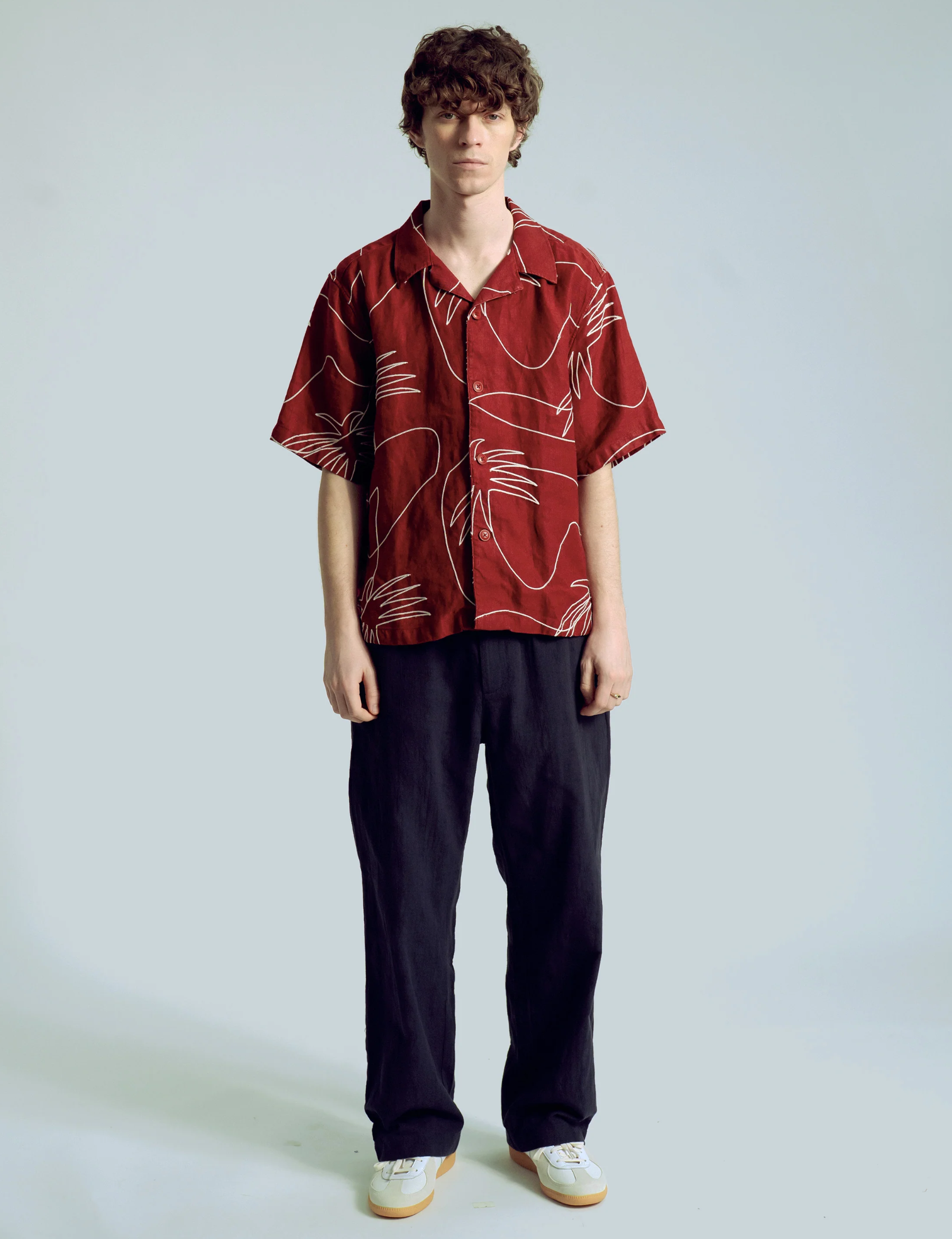 Far Afield Veloso Shirt Embroidered Palms Red Embroidery Details Men’s Button Up Cropped Shirt Tops for Men Spring Summer Outfits for Guys Athens GA Georgia Kempt Menswear Store Near Me
