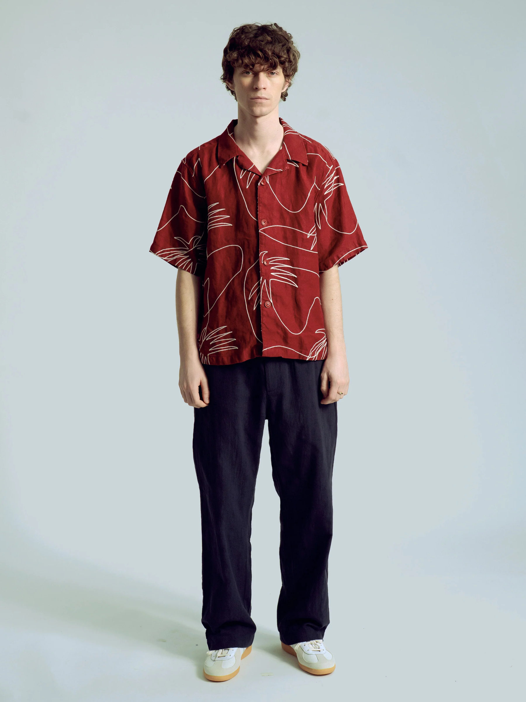 Far Afield Veloso Shirt Embroidered Palms Red Embroidery Details Men’s Button Up Cropped Shirt Tops for Men Spring Summer Outfits for Guys Athens GA Georgia Kempt Menswear Store Near Me