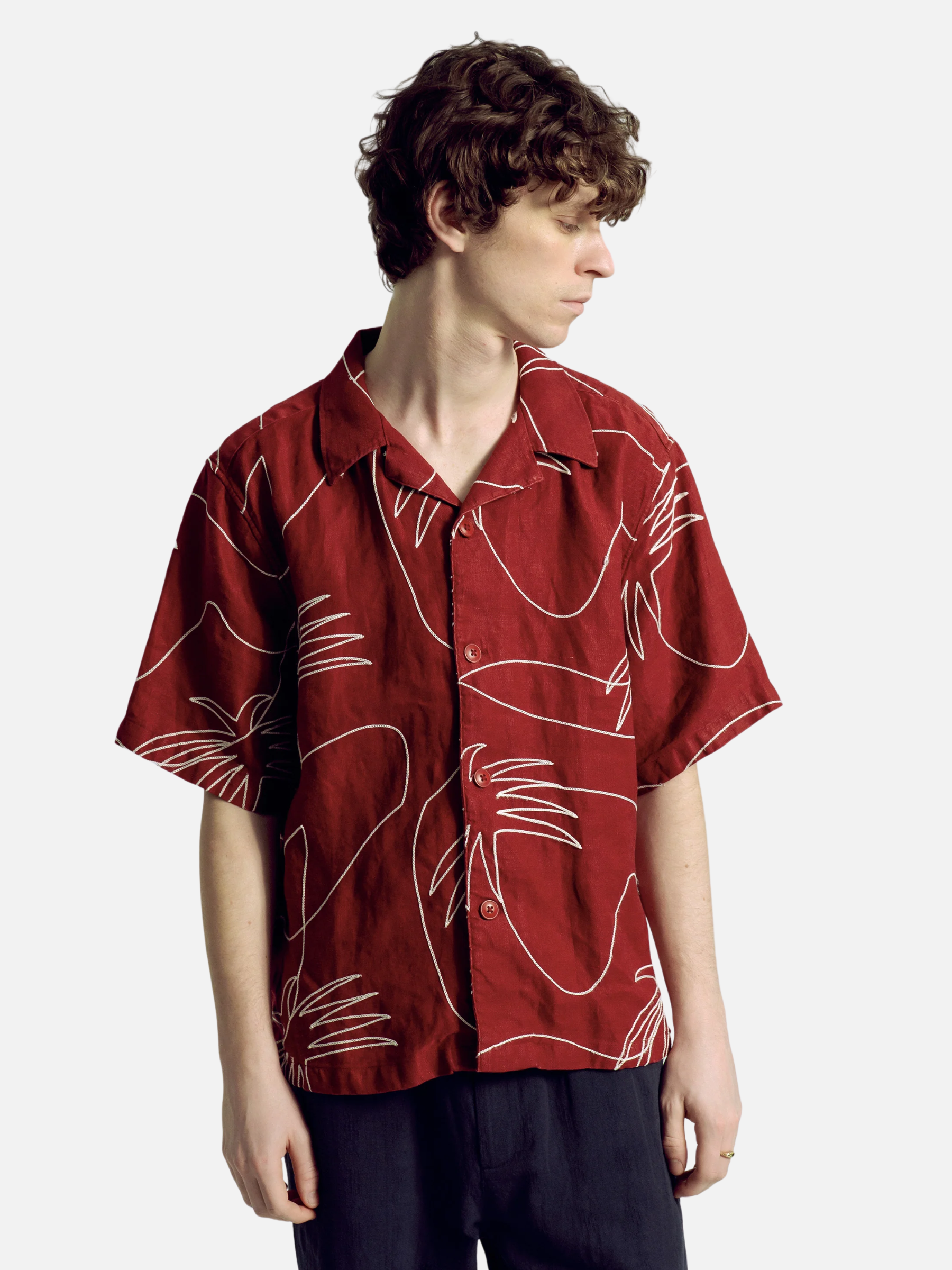Far Afield Veloso Shirt Embroidered Palms Red Embroidery Details Men’s Button Up Cropped Shirt Tops for Men Spring Summer Outfits for Guys Athens GA Georgia Kempt Menswear Store Near Me