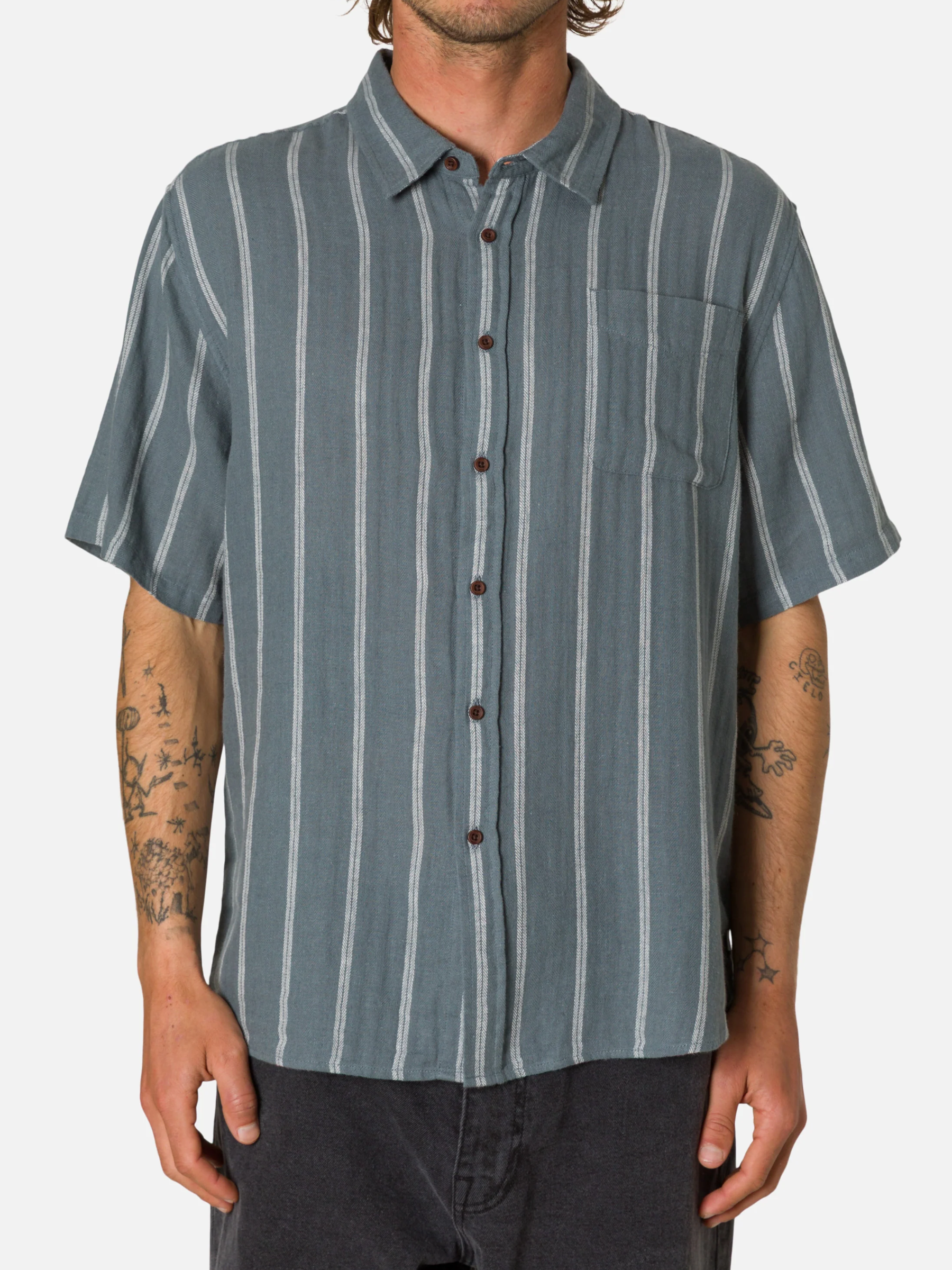 Katin Alan Shirt Tempest Blue Stripe Pattern Short Sleeve Collared Button Up Summer Vacation Tops for Men Men’s Shirts Casual Shirt for Men Athens GA Georgia Kempt Menswear Store Near Me