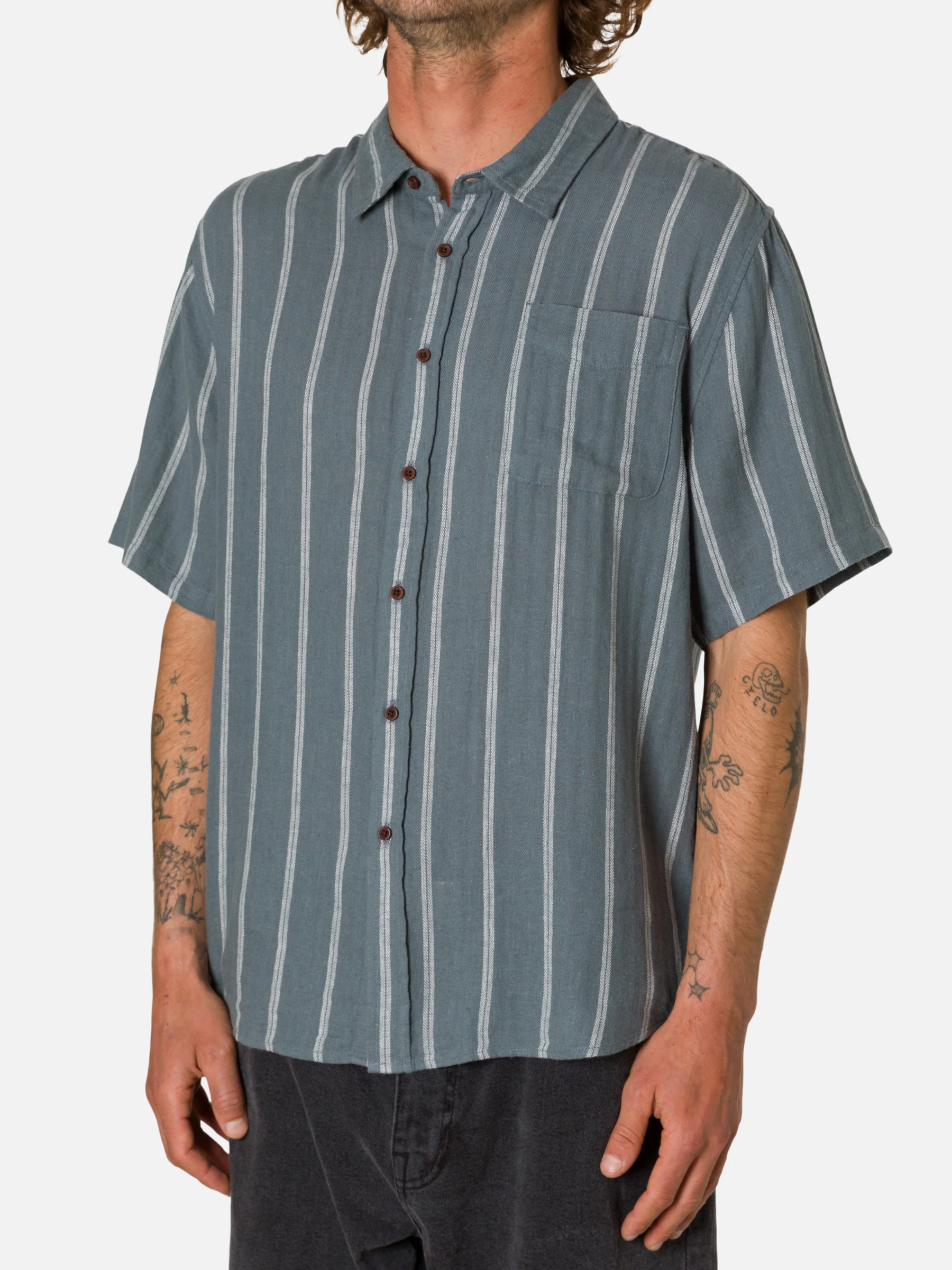 Katin Alan Shirt Tempest Blue Stripe Pattern Short Sleeve Collared Button Up Summer Vacation Tops for Men Men’s Shirts Casual Shirt for Men Athens GA Georgia Kempt Menswear Store Near Me
