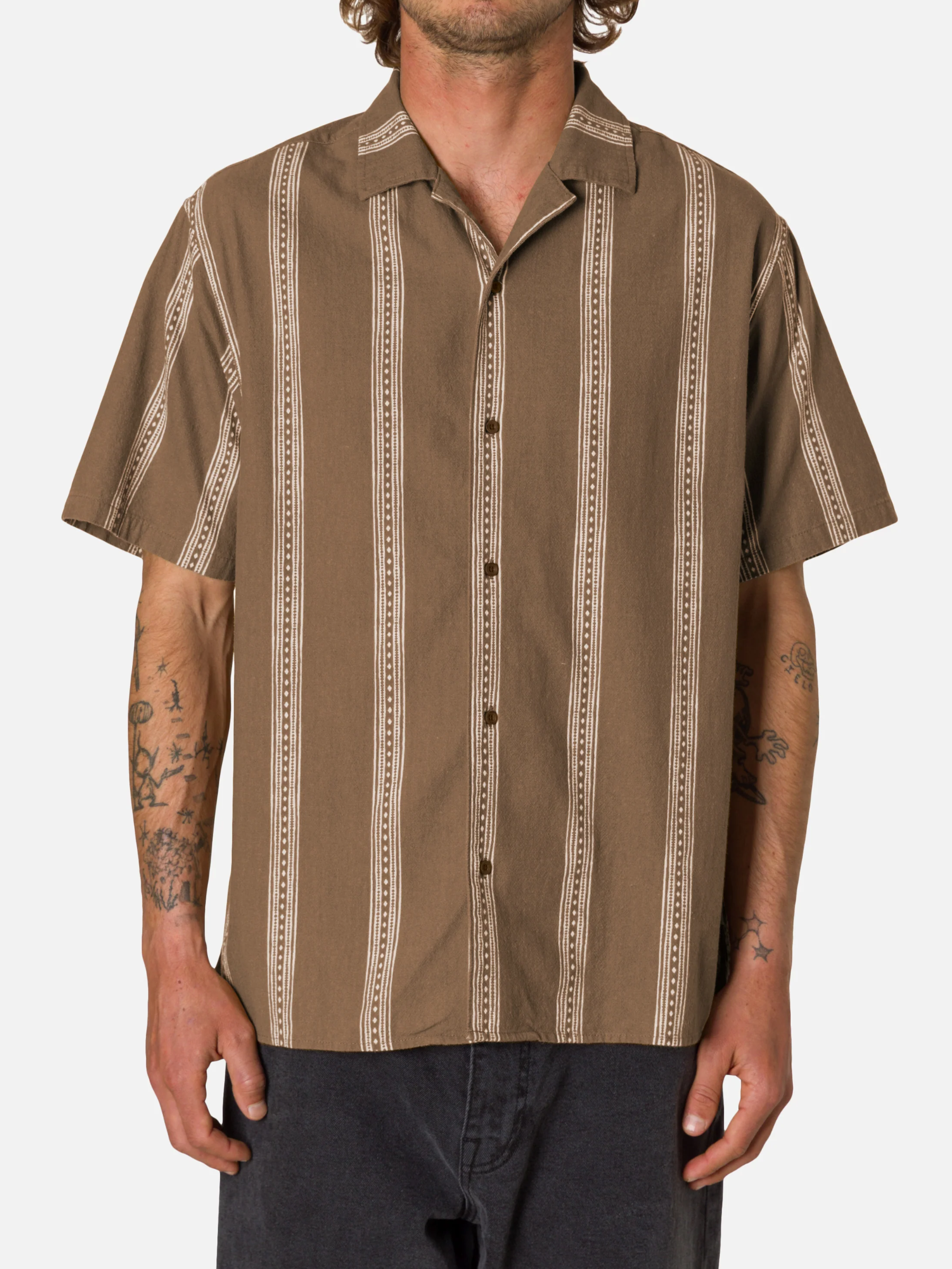 Katin Cedar Shirt Light Brown Taupe Vertical Line Pattern Short Sleeve Collared Button Up  Summer Vacation Tops for Men Men’s Shirts Casual Shirt for Men Athens GA Georgia Kempt Menswear Store Near Me