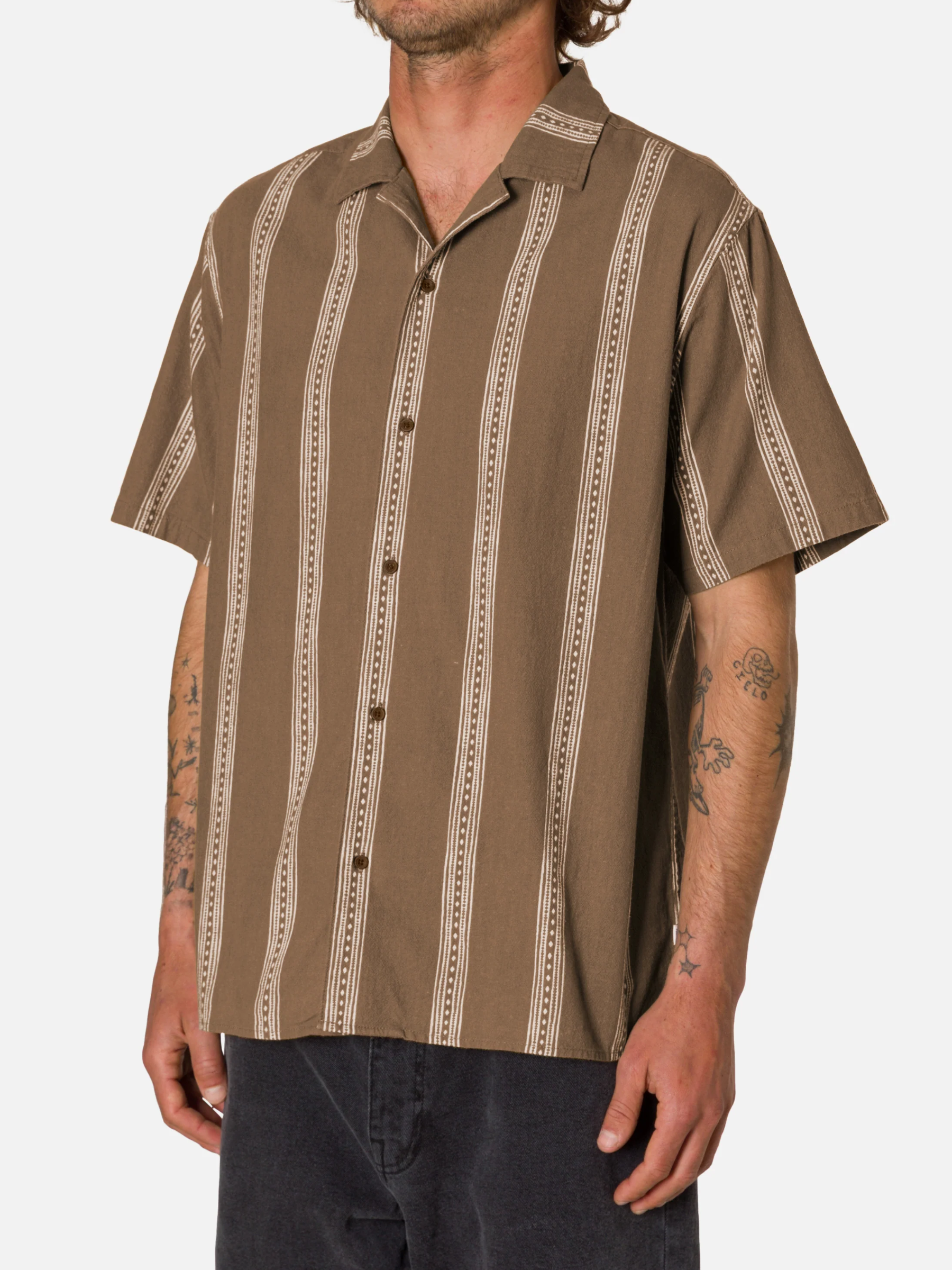 Katin Cedar Shirt Light Brown Taupe Vertical Line Pattern Short Sleeve Collared Button Up  Summer Vacation Tops for Men Men’s Shirts Casual Shirt for Men Athens GA Georgia Kempt Menswear Store Near Me
