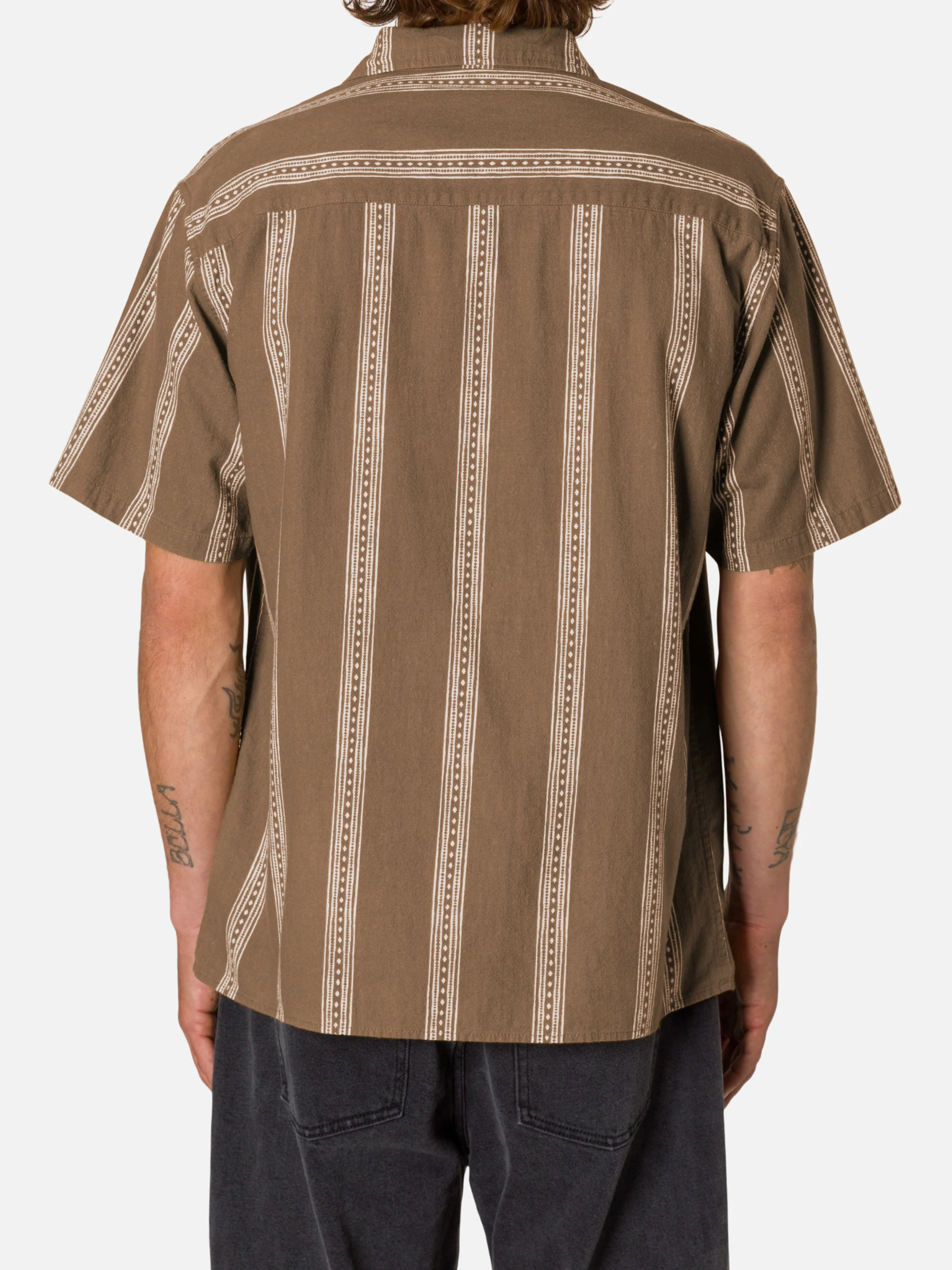 Katin Cedar Shirt Light Brown Taupe Vertical Line Pattern Short Sleeve Collared Button Up  Summer Vacation Tops for Men Men’s Shirts Casual Shirt for Men Athens GA Georgia Kempt Menswear Store Near Me