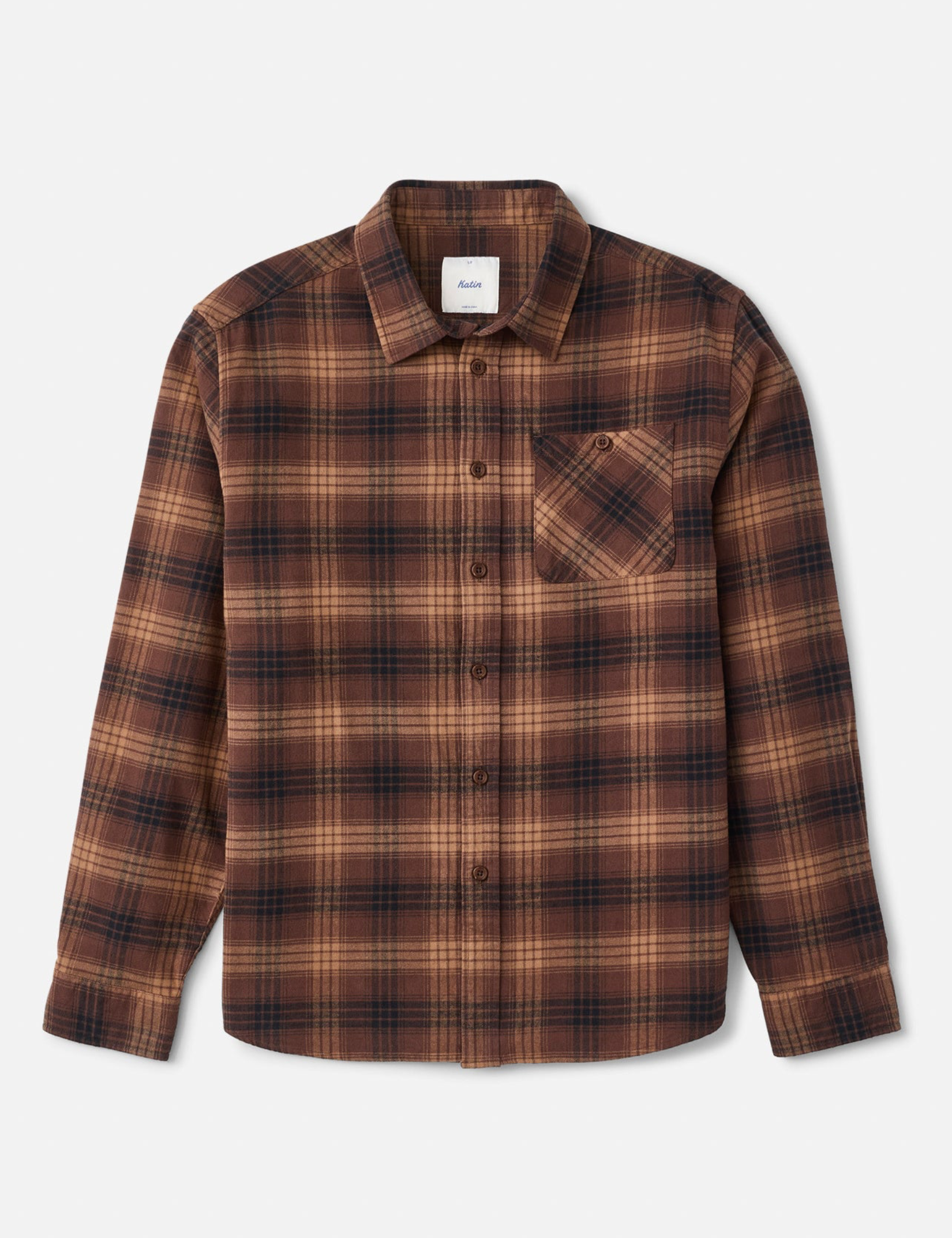Katin Derek Flannel French Roast Red Brown Plaid Pattern Long Sleeve Collared Button Up Front Chest Pocket Winter Top Front