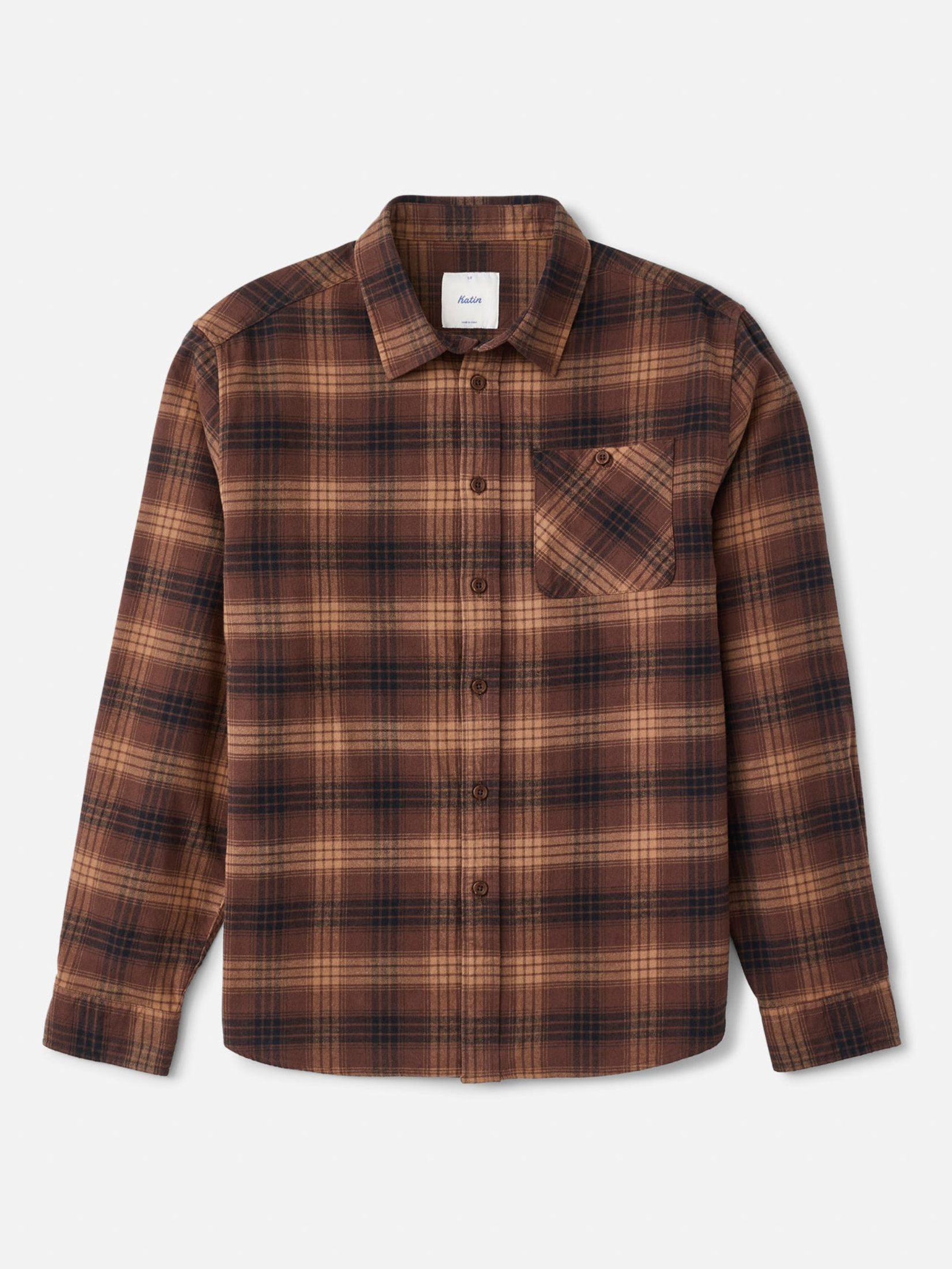 Katin Derek Flannel French Roast Red Brown Plaid Pattern Long Sleeve Collared Button Up Front Chest Pocket Winter Top Front