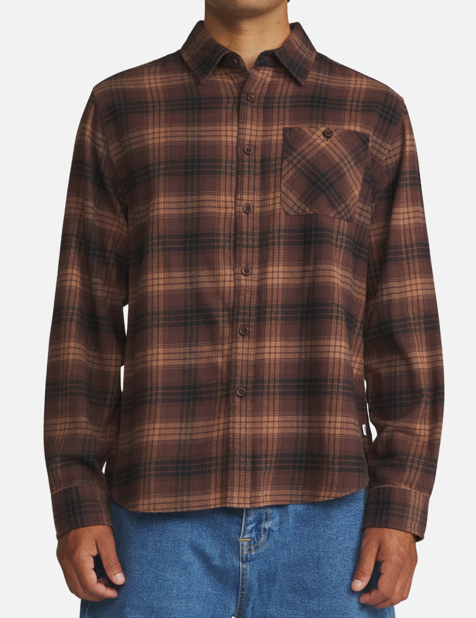 Katin Derek Flannel French Roast Red Brown Plaid Pattern Long Sleeve Collared Button Up Front Chest Pocket Winter Top Front