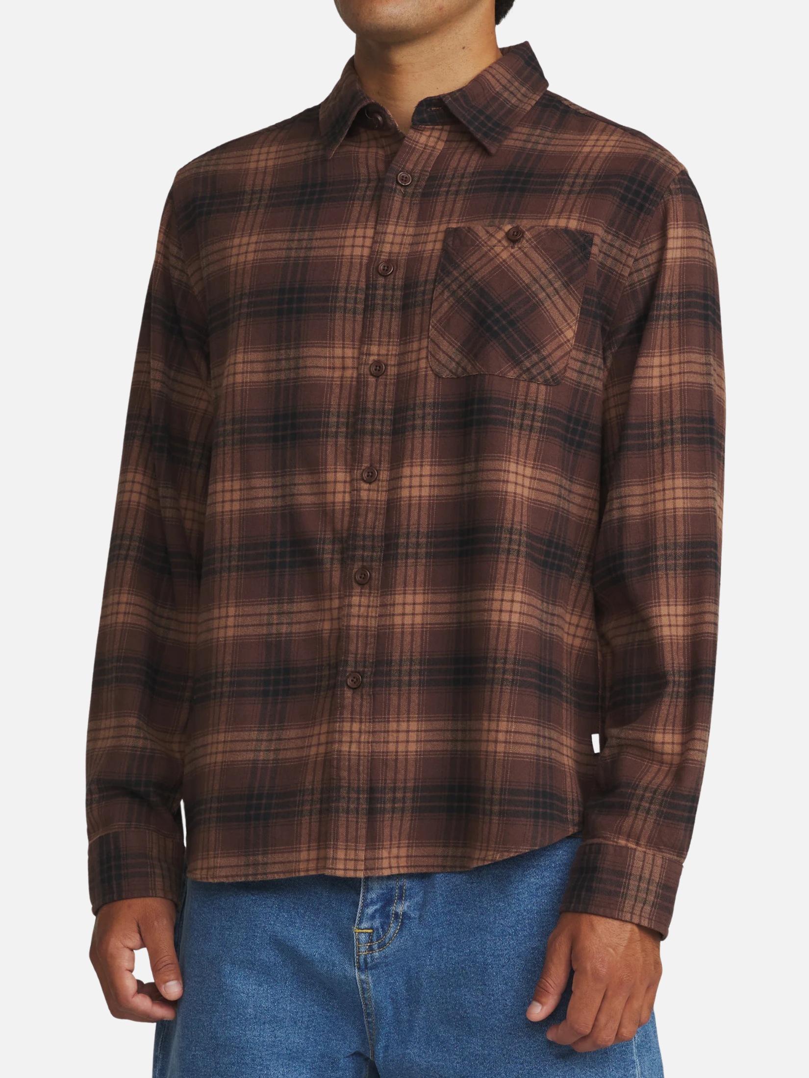 Katin Derek Flannel French Roast Red Brown Plaid Pattern Long Sleeve Collared Button Up Front Chest Pocket Winter Top Side