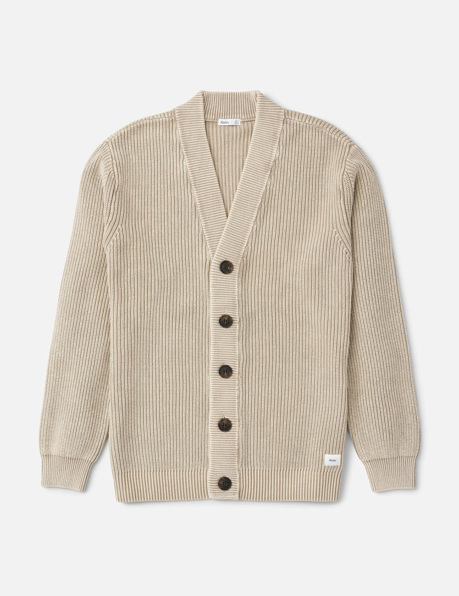Katin Gallant Cardigan Knit Sweater Tan Cream Dark Brown Buttons Long Sleeves Front Flat