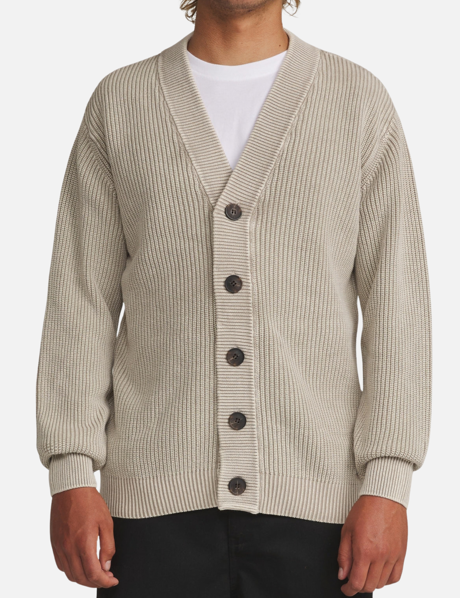 Katin Gallant Cardigan Knit Sweater Tan Cream Dark Brown Buttons Long Sleeves Front on Model