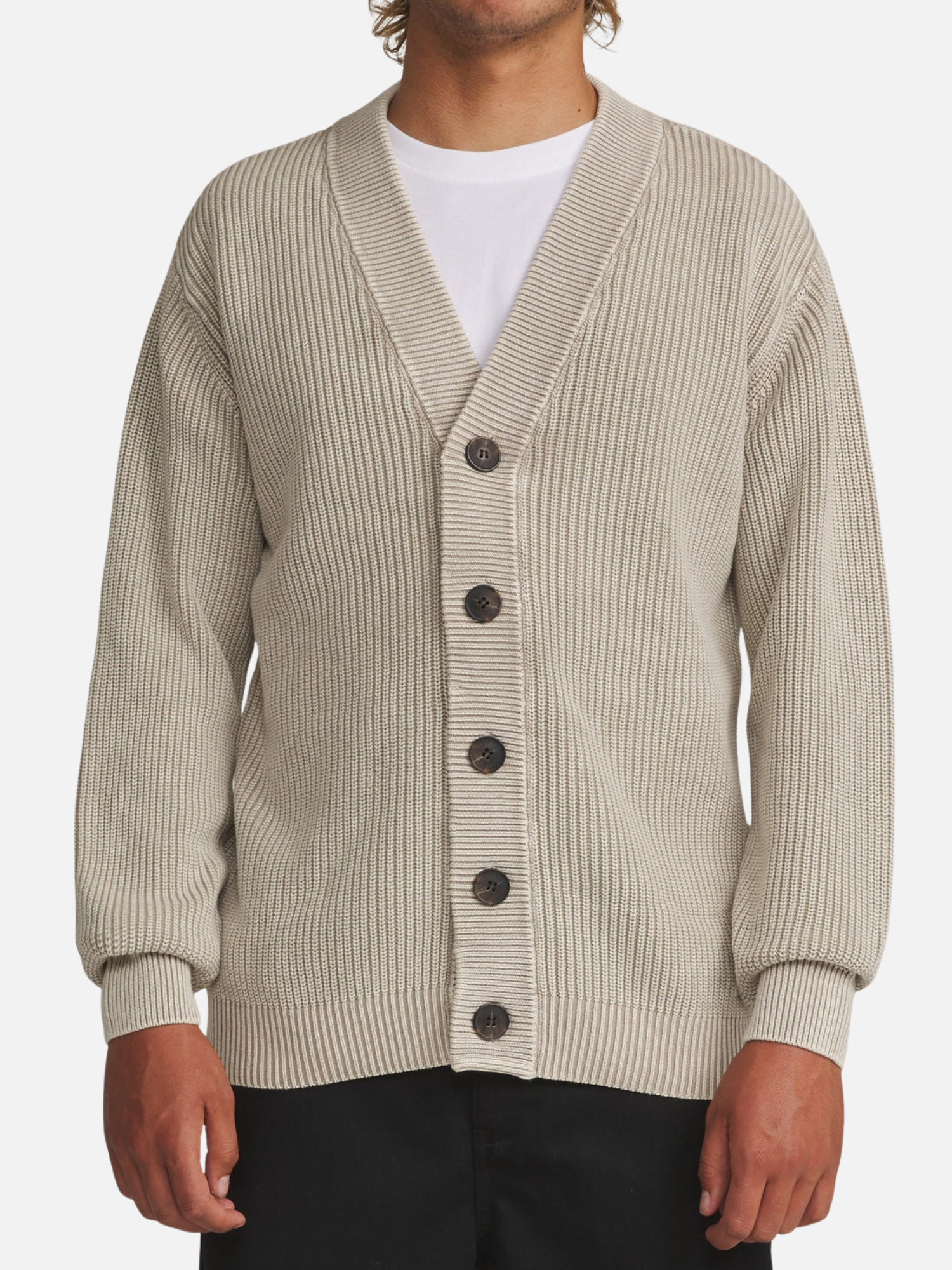 Katin Gallant Cardigan Knit Sweater Tan Cream Dark Brown Buttons Long Sleeves Front on Model