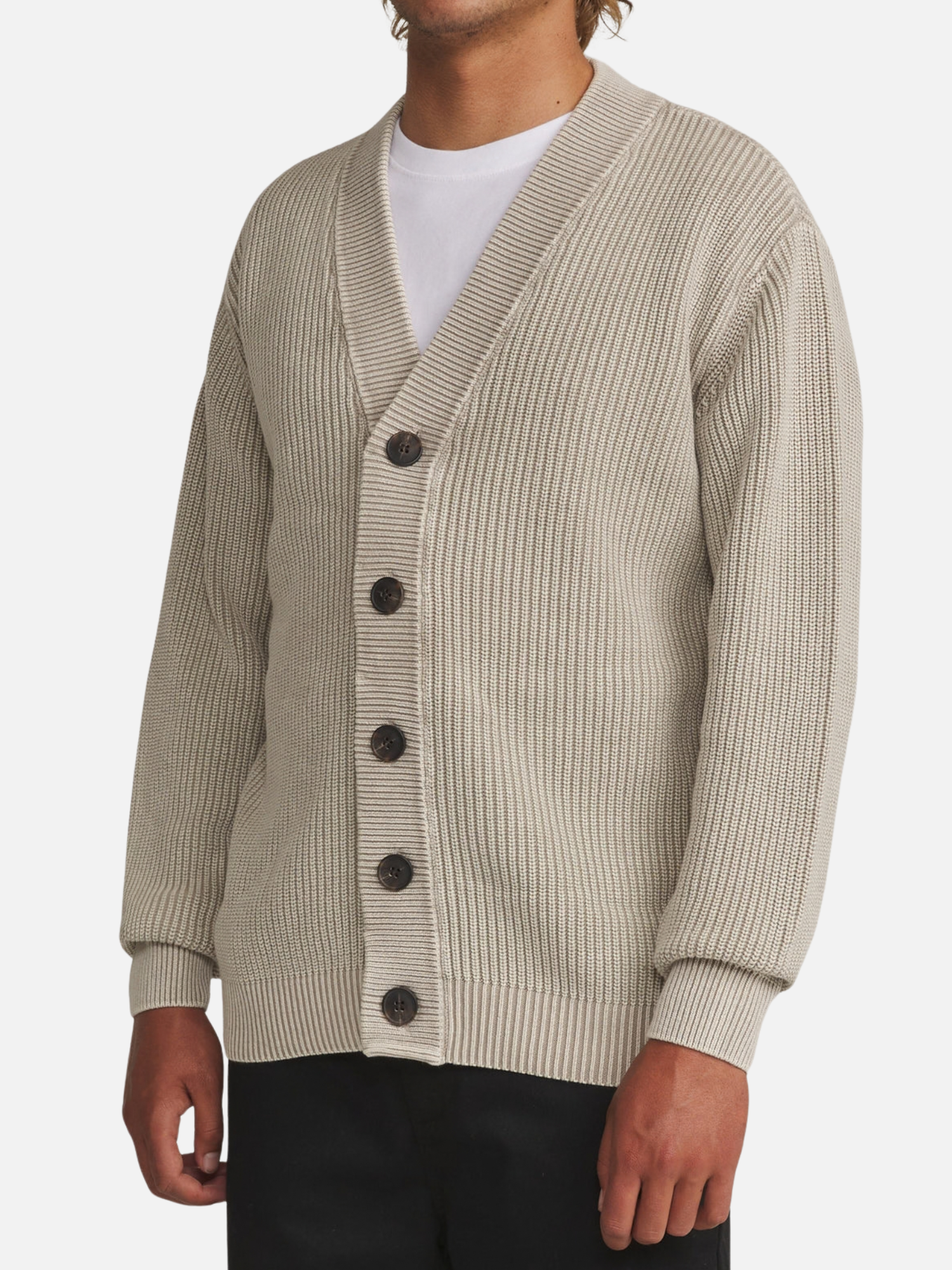 Katin Gallant Cardigan Knit Sweater Tan Cream Dark Brown Buttons Long Sleeves Side on Model