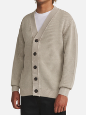 Katin Gallant Cardigan Knit Sweater Tan Cream Dark Brown Buttons Long Sleeves Side on Model