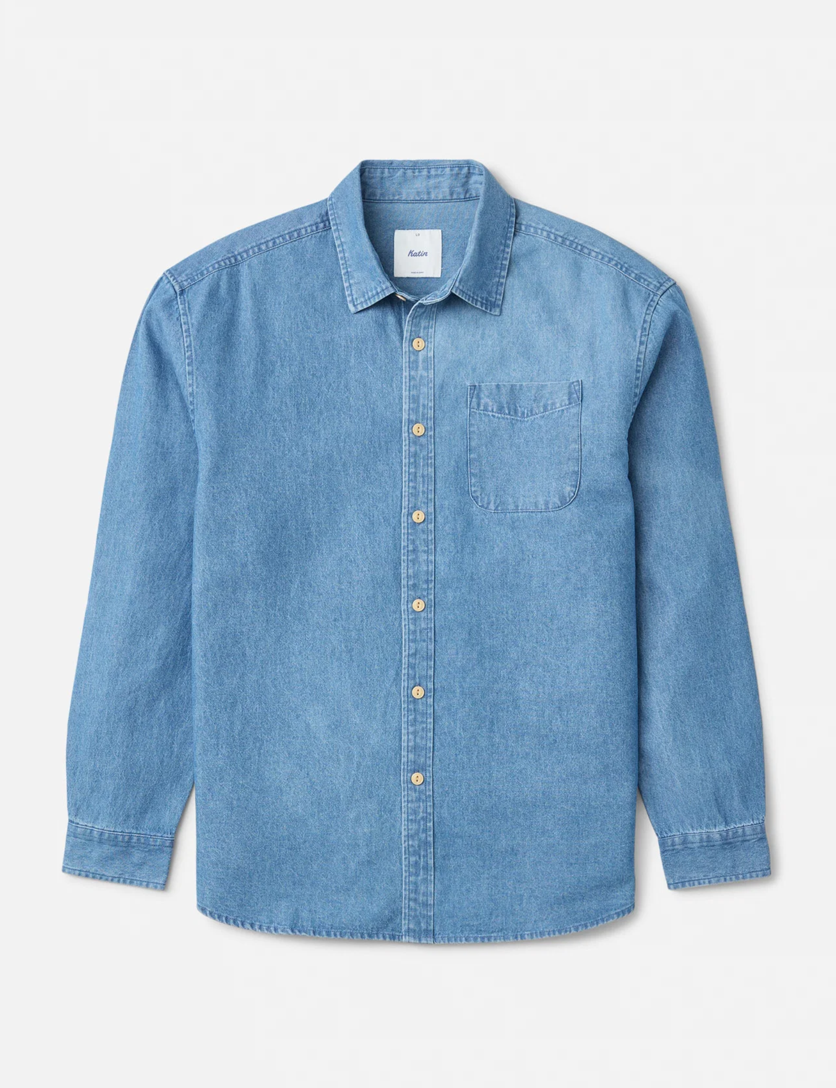 Katin Henry Denim Shirt Medium Indigo Blue Collared Button Up Long Sleeve Shirt Front Chest Pocket Front