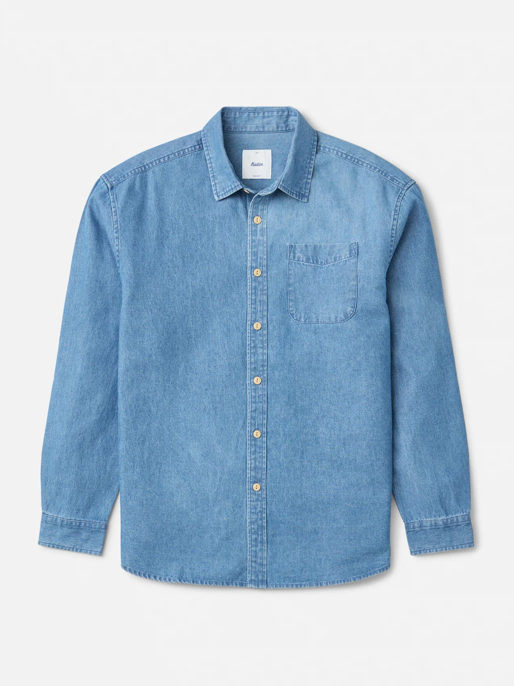 Katin Henry Denim Shirt Medium Indigo Blue Collared Button Up Long Sleeve Shirt Front Chest Pocket Front