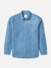 Katin Henry Denim Shirt Medium Indigo Blue Collared Button Up Long Sleeve Shirt Front Chest Pocket Front