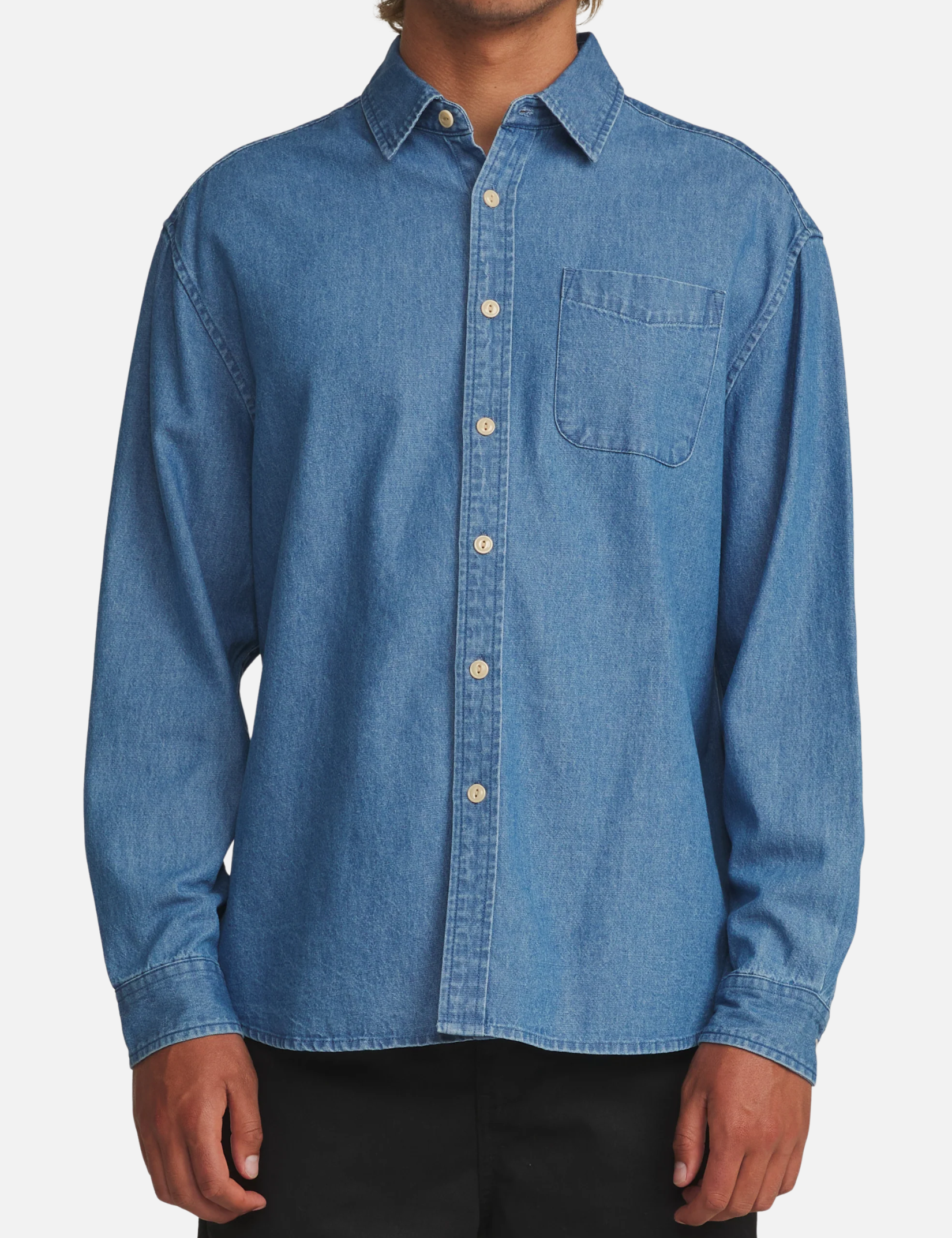 Katin Henry Denim Shirt Medium Indigo Blue Collared Button Up Long Sleeve Shirt Front Chest Pocket  Frontt