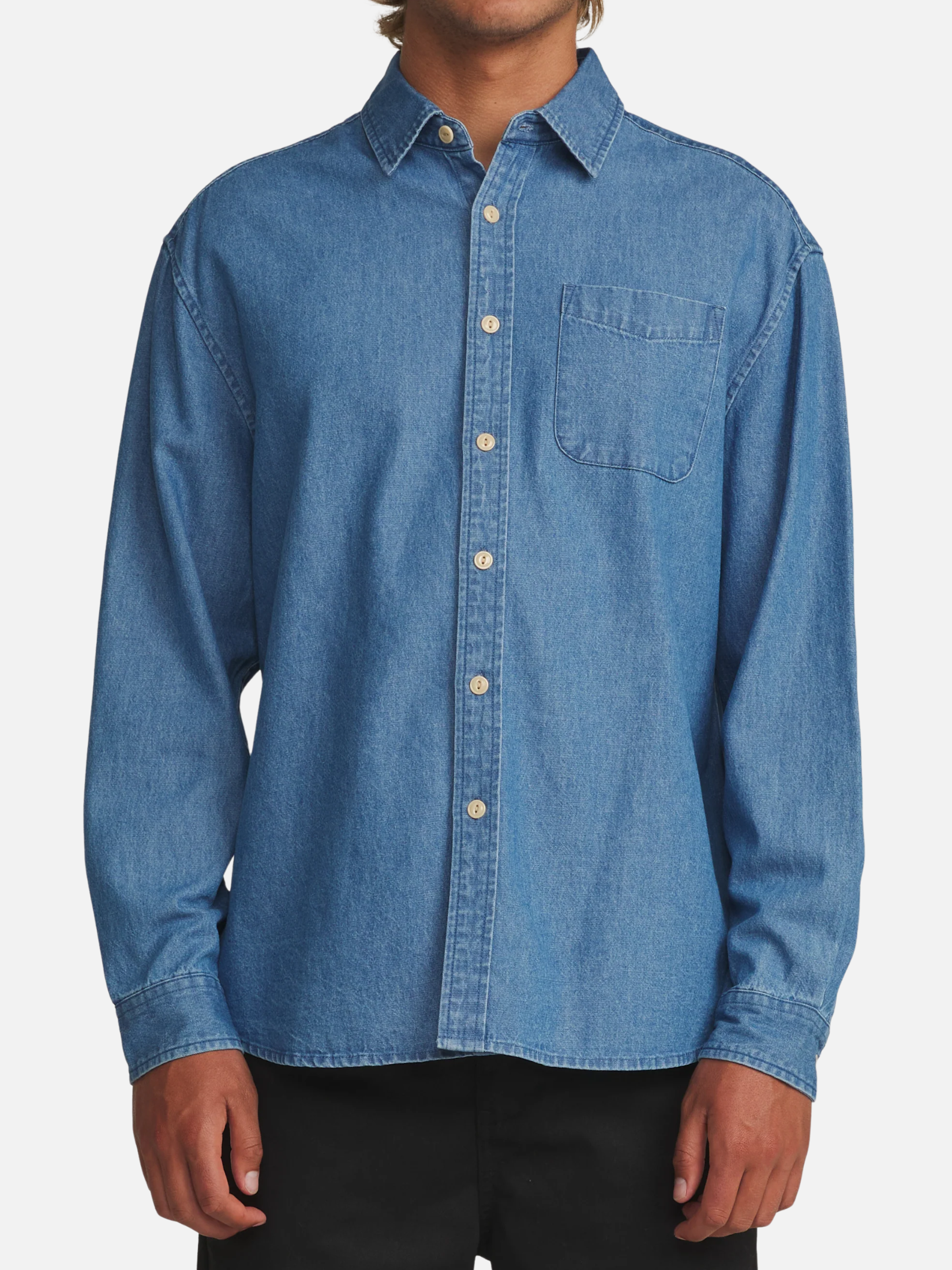 Katin Henry Denim Shirt Medium Indigo Blue Collared Button Up Long Sleeve Shirt Front Chest Pocket  Frontt
