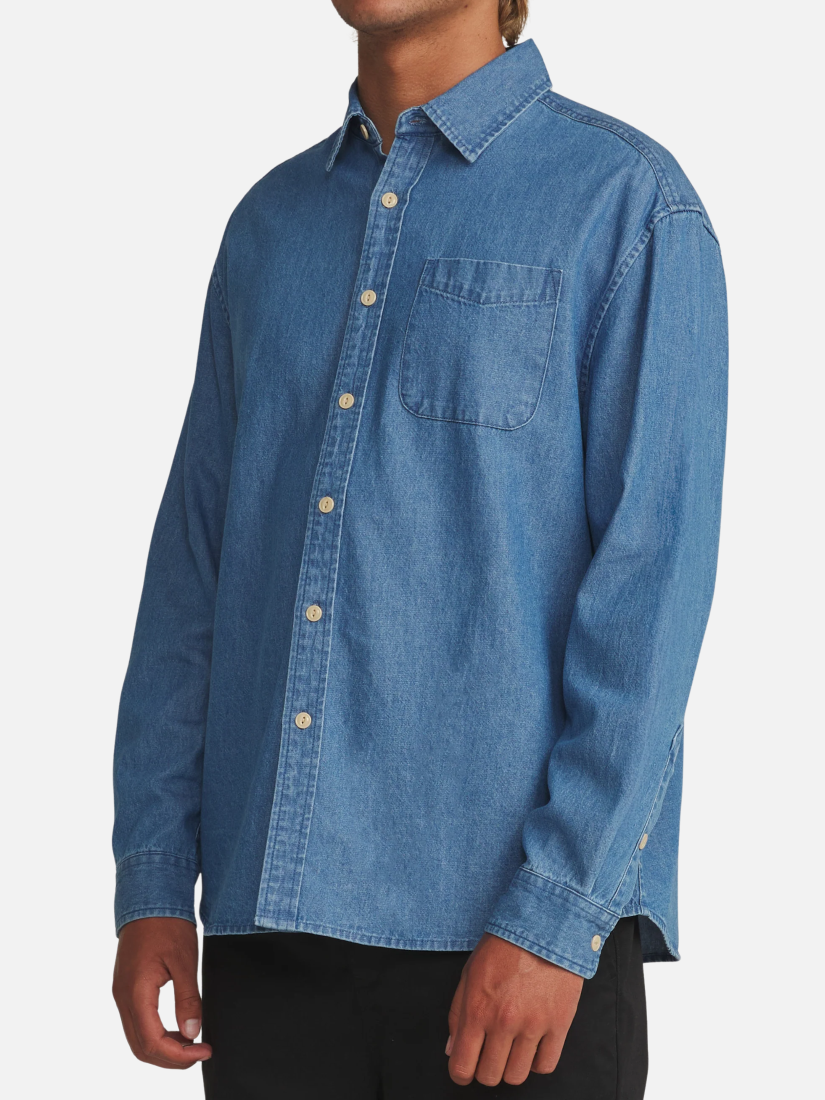 Katin Henry Denim Shirt Medium Indigo Blue Collared Button Up Long Sleeve Shirt Front Chest Pocket  Side