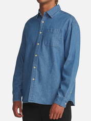 Katin Henry Denim Shirt Medium Indigo Blue Collared Button Up Long Sleeve Shirt Front Chest Pocket  Side