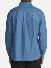 Katin Henry Denim Shirt Medium Indigo Blue Collared Button Up Long Sleeve Shirt Front Chest Pocket Back