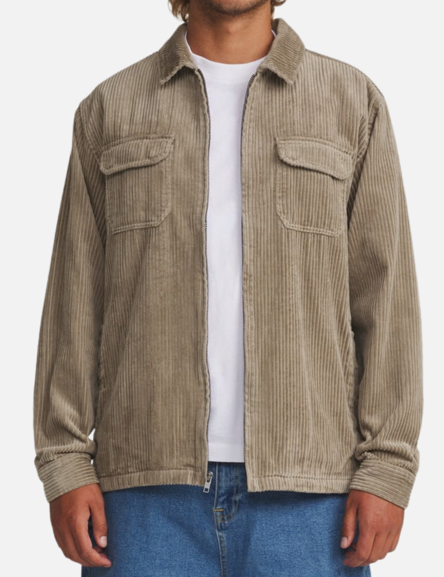 Katin Kane Jacket Textured Vintage Khaki Color Hidden Zipper Two Front Pockets with a Collar front on a model