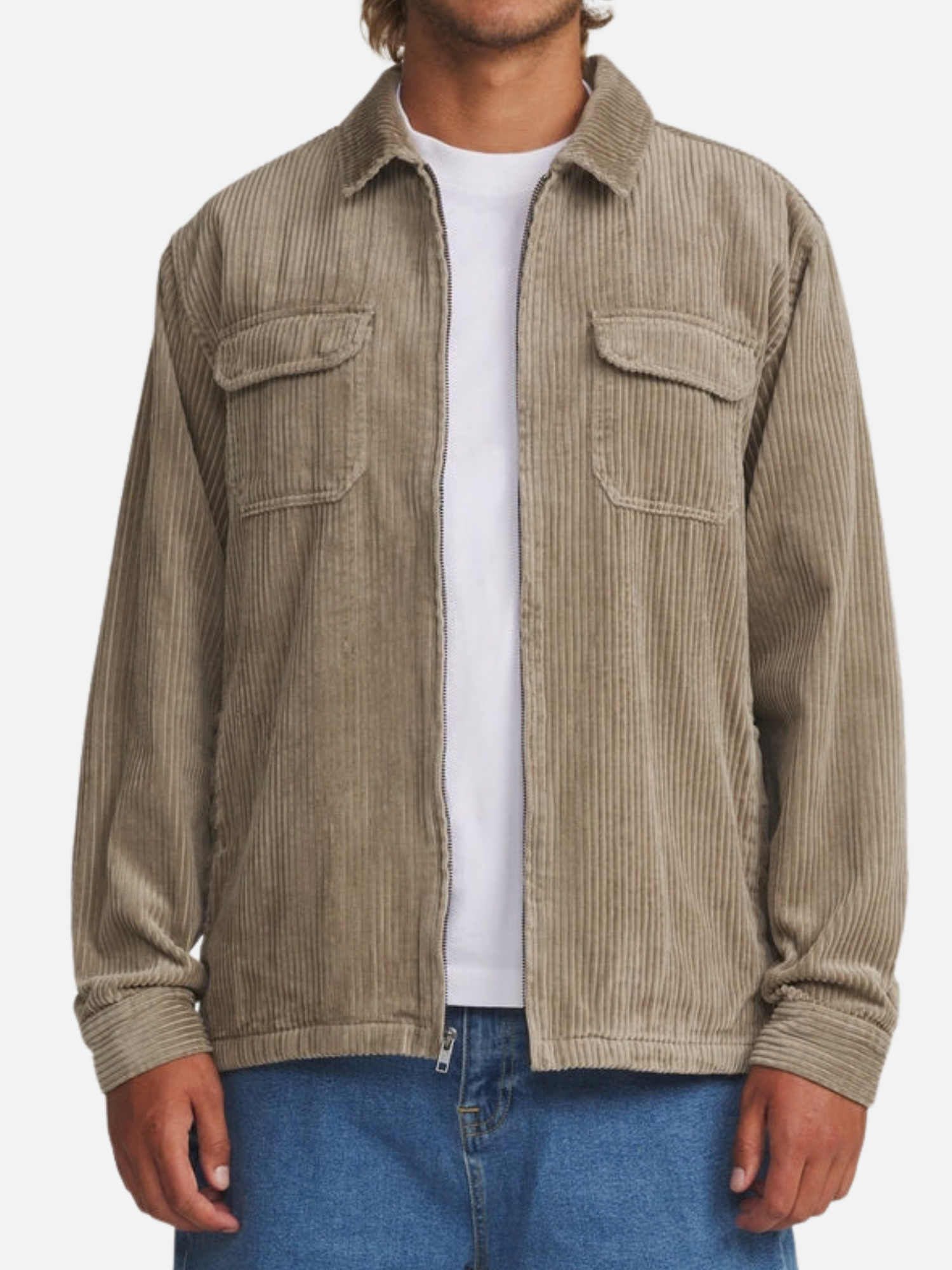 Katin Kane Jacket Textured Vintage Khaki Color Hidden Zipper Two Front Pockets with a Collar front on a model